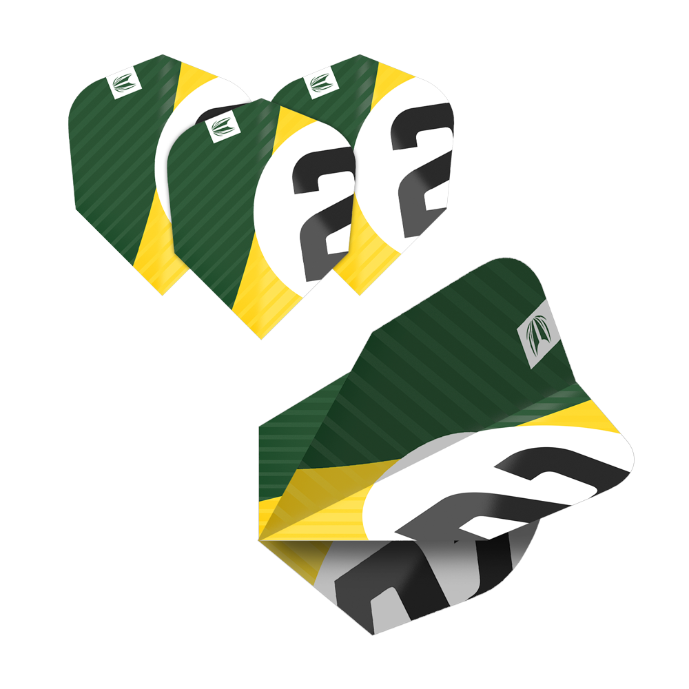 337206_Target_ProUltra_5Sets_Multipack_Chicane_Ten-X_Flights_2nhLbmcTgQDpJA Das Bild zeigt fünf Sätze Target Pro Ultra Chicane Ten-X Flights für Darts. Die Flights sind grün, gelb und weiß mit einer schwarzen Zahl und haben ein modernes Design.