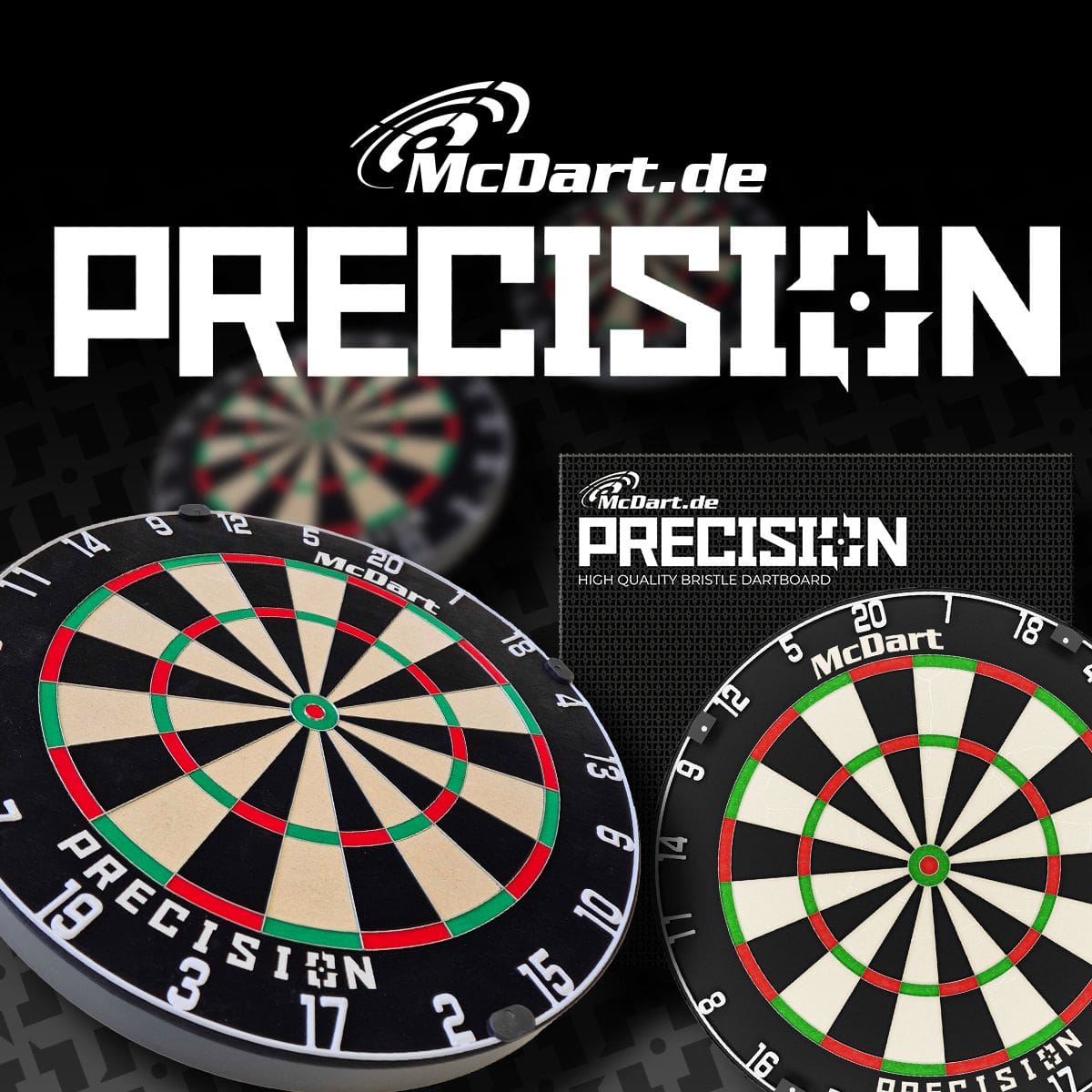 McDart Precision steel dartboard Das Bild zeigt das Produkt „McDart Precision Steeldartboard“ mit mehreren abgebildeten Dartboards. Im Hintergrund ist der Markenname und das Wort „PRECISION“ groß angezeigt.