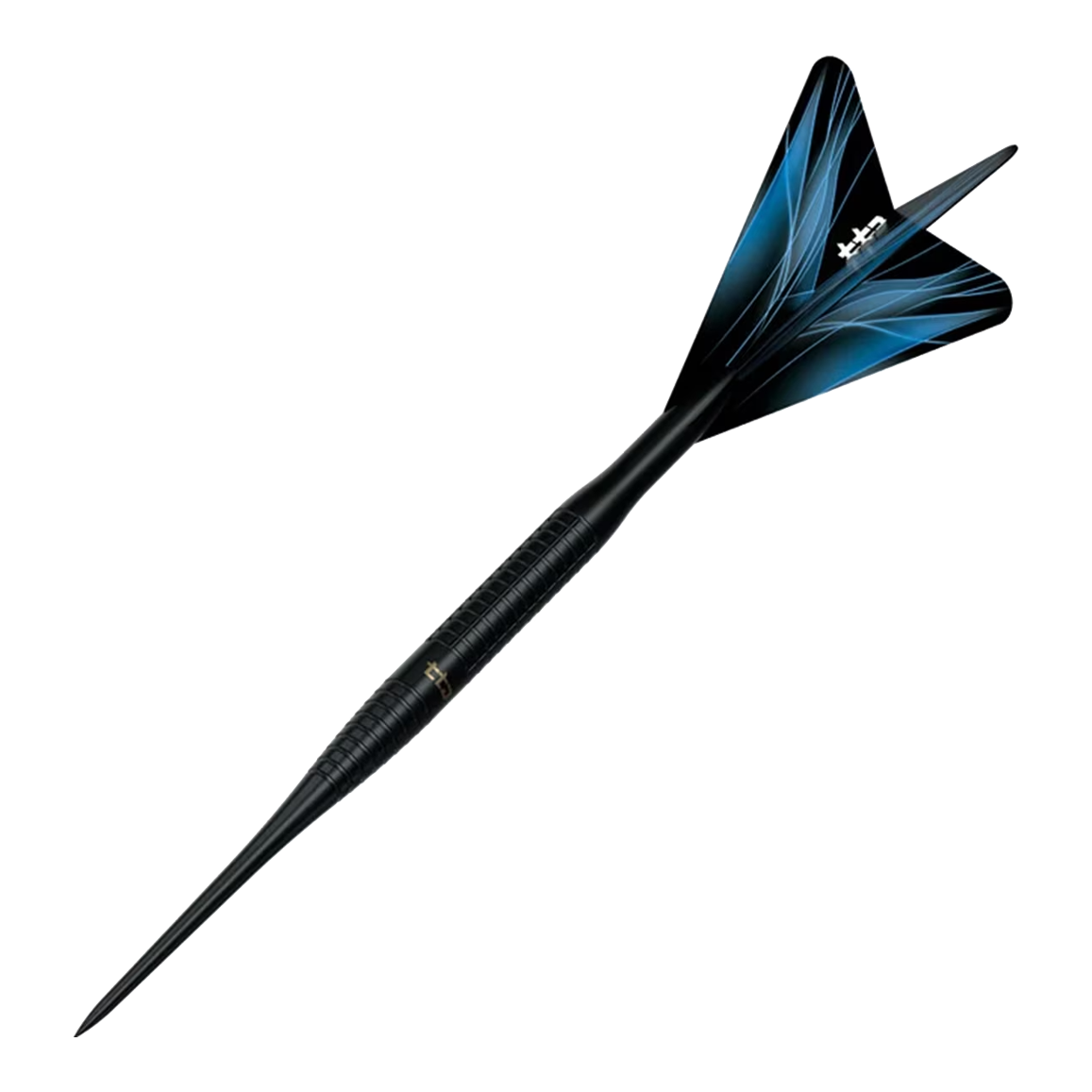 Das Bild zeigt die Caliburn TTD Complete Titanium T3 Black Steeldarts mit einem Gewicht von 7g. Die Darts haben ein schwarzes und titanfarbenes Design.
