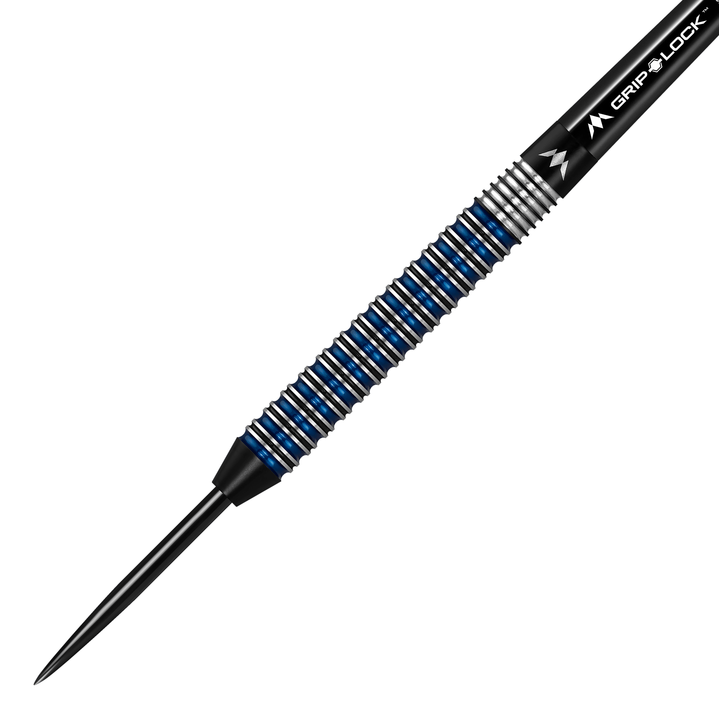 Mission Nightfall Model 2 steel darts Das Bild zeigt einen Mission Nightfall Model 2 Steeldart. Der Dart hat eine auffällige schwarz-silber-blaue Riffelung am Griffbereich.