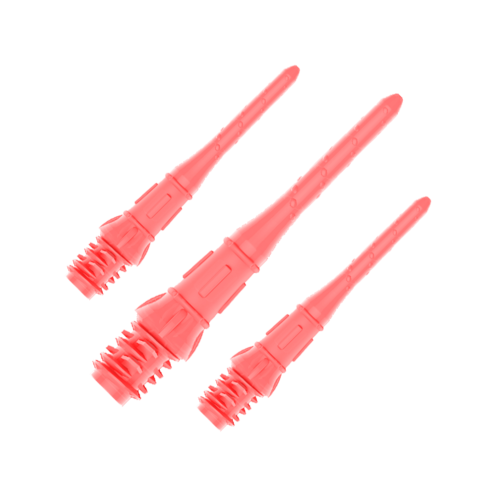 Das Bild zeigt drei pinke Dartspitzen, die eng nebeneinander liegen. Sie sind aus Kunststoff und haben eine schlanke, längliche Form.