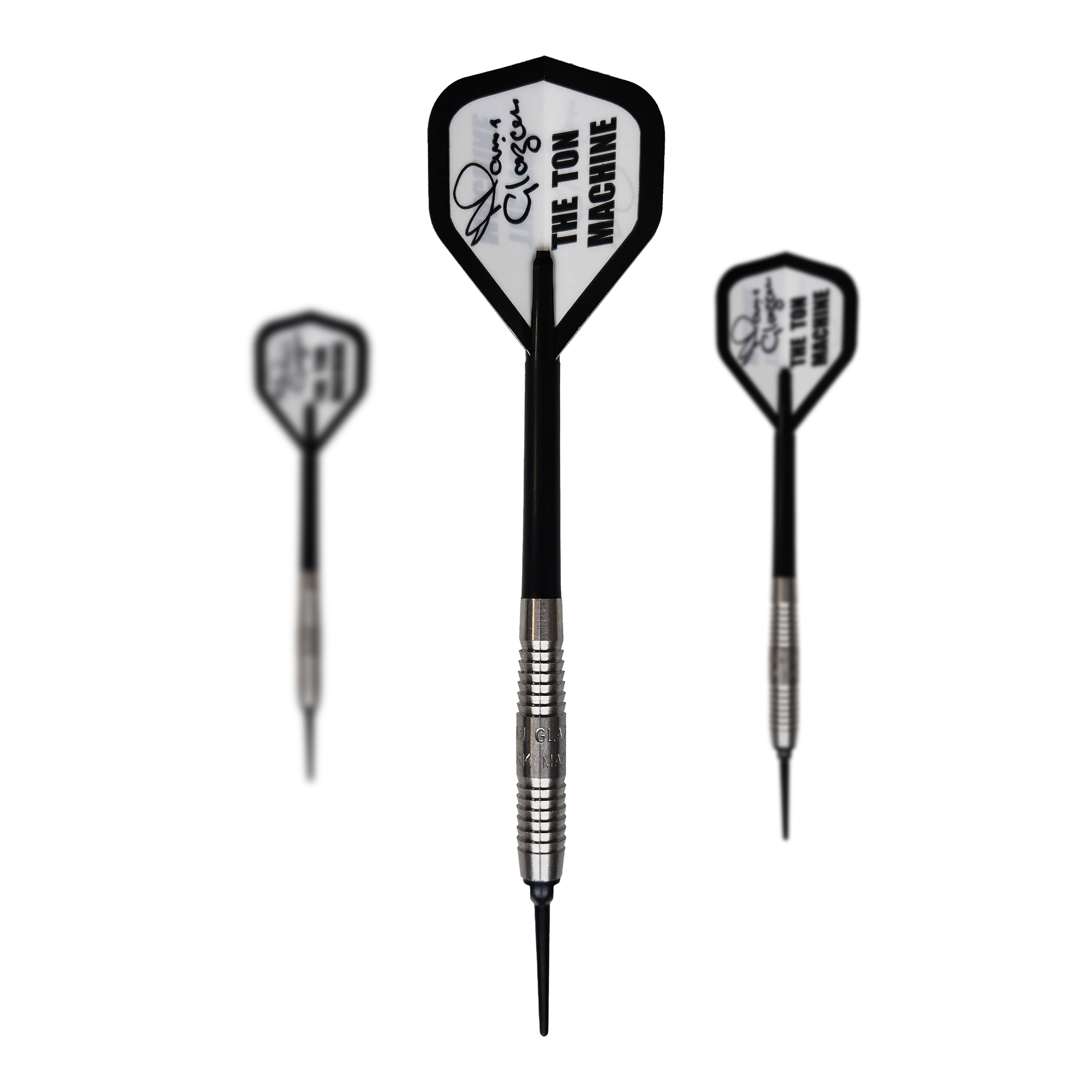 McKicks Alam Glazier Shark Machine Soft Darts Das Bild zeigt drei Softdarts des Produkts "McKicks Alam Glazier Shark Machine". Die Darts haben silberne Griffe und weiße Flights mit der Aufschrift "THE TON MACHINE".