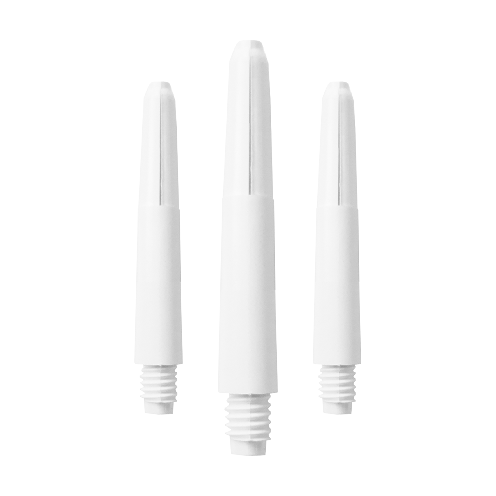 581_Nylon_Shafts_Schneeweiss_35mm_1qNc3M5fQ81IAP Das Bild zeigt drei weiße Nylon-Schäfte mit Gewinde. Sie sind gleichmäßig angeordnet und tragen den Namen "Schneeweiß".