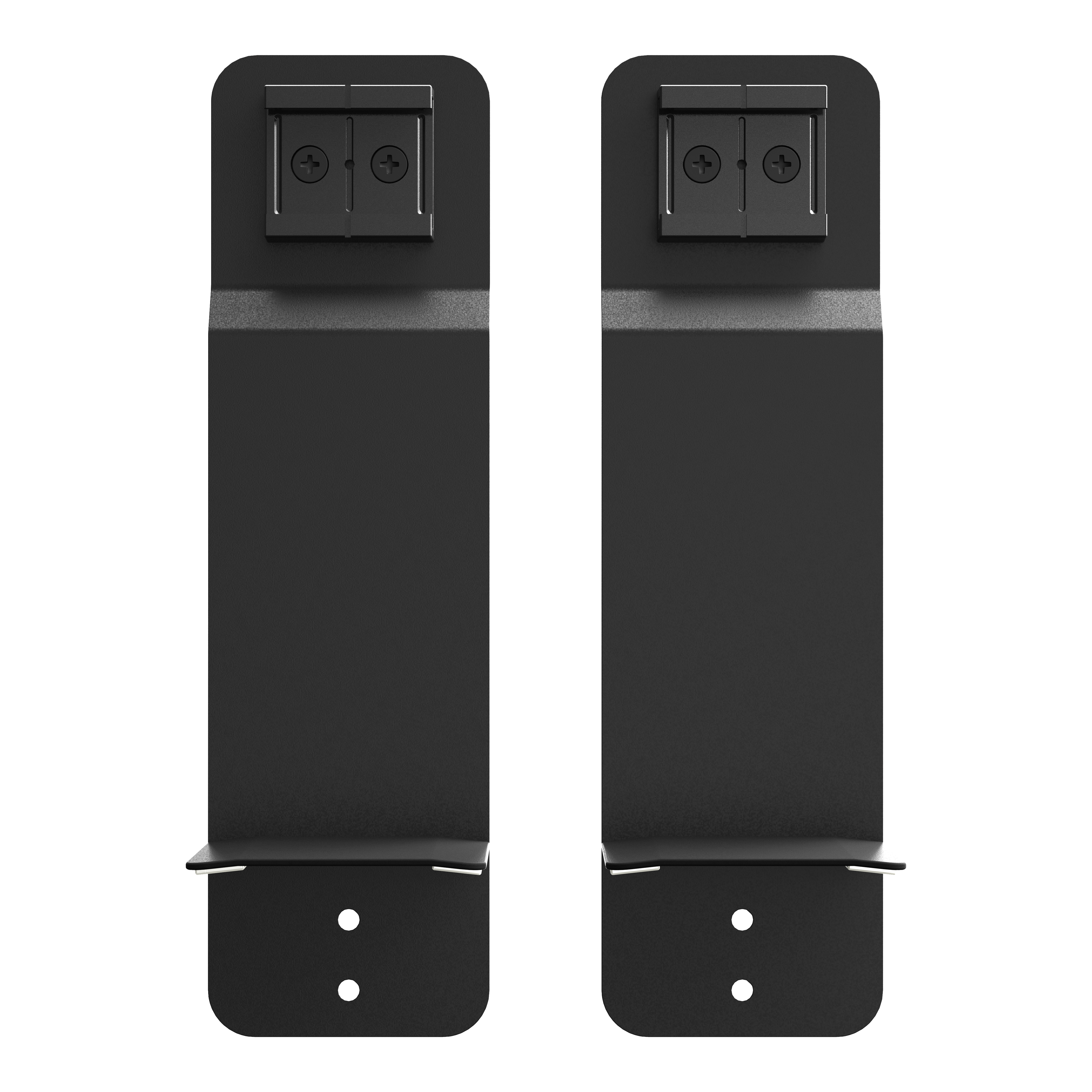 GranDarts Gran Eye Mag Mount attachment Das Bild zeigt zwei schwarze Halterungen des Produkts "GranDarts GranEye Mag Mount Befestigung". Sie sind rechteckig und haben jeweils zwei kleine Befestigungslöcher unten und einen Befestigungsmechanismus oben.