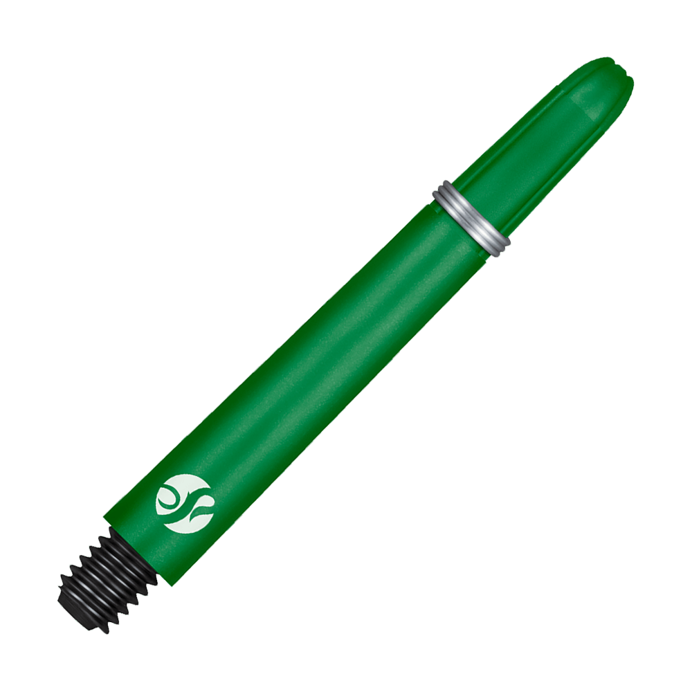 Shot Koi Carbon Shafts - Green Zwei Dart-Schäfte mit strukturiertem Kopf werden nebeneinander gezeigt. Die Aufnahme betont die Länge der Schäfte.