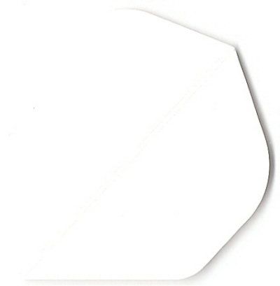 pr3 Das Bild zeigt ein weißes, sechseckiges Poly-Plain Flights PR3 Dartflight. Es hat eine schlichte, unbedruckte Oberfläche.