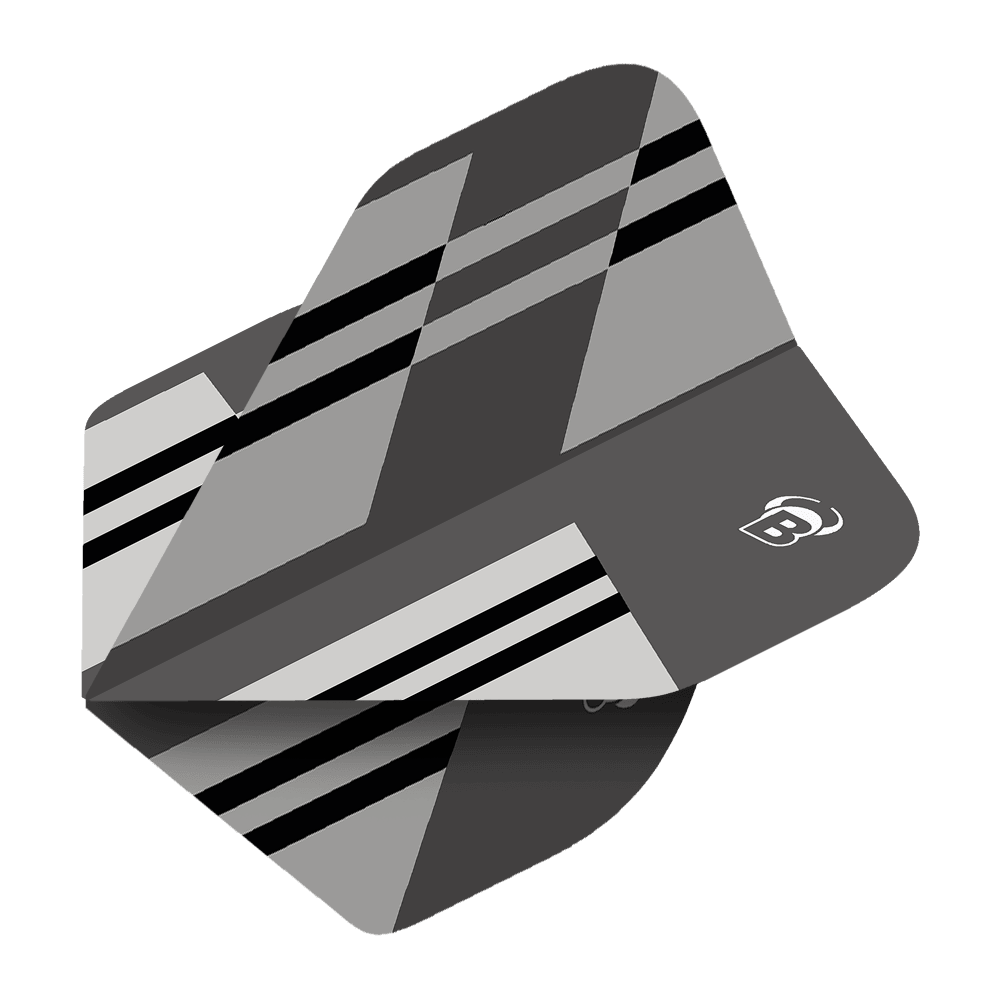 Bulls B-Star Tac No2 Standard Flights Das Bild zeigt ein Dart-Flight mit dem Namen 'Bulls B-Star Tac No2 Standard Flights'. Das Flight hat ein graues Design mit schwarzen und weißen Streifen sowie einem kleinen Bulls-Logo.