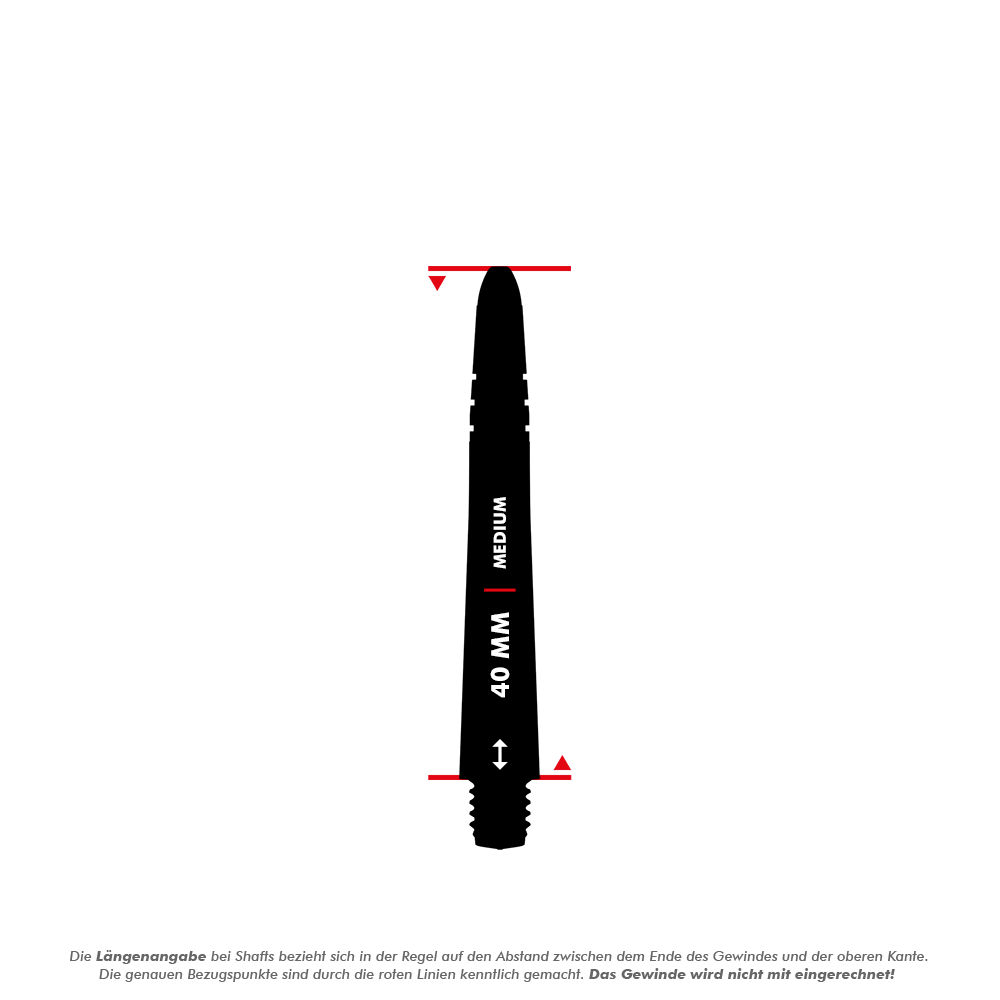 7025_Winmau_Vecta_Shafts_5_40mm-Kopie Das Bild zeigt einen schwarzen Dart-Schaft mit der Aufschrift "40 MM | MEDIUM". Der Abstand zwischen den roten Linien markiert die Länge des Schafts, das Gewinde wird dabei nicht mitgerechnet.