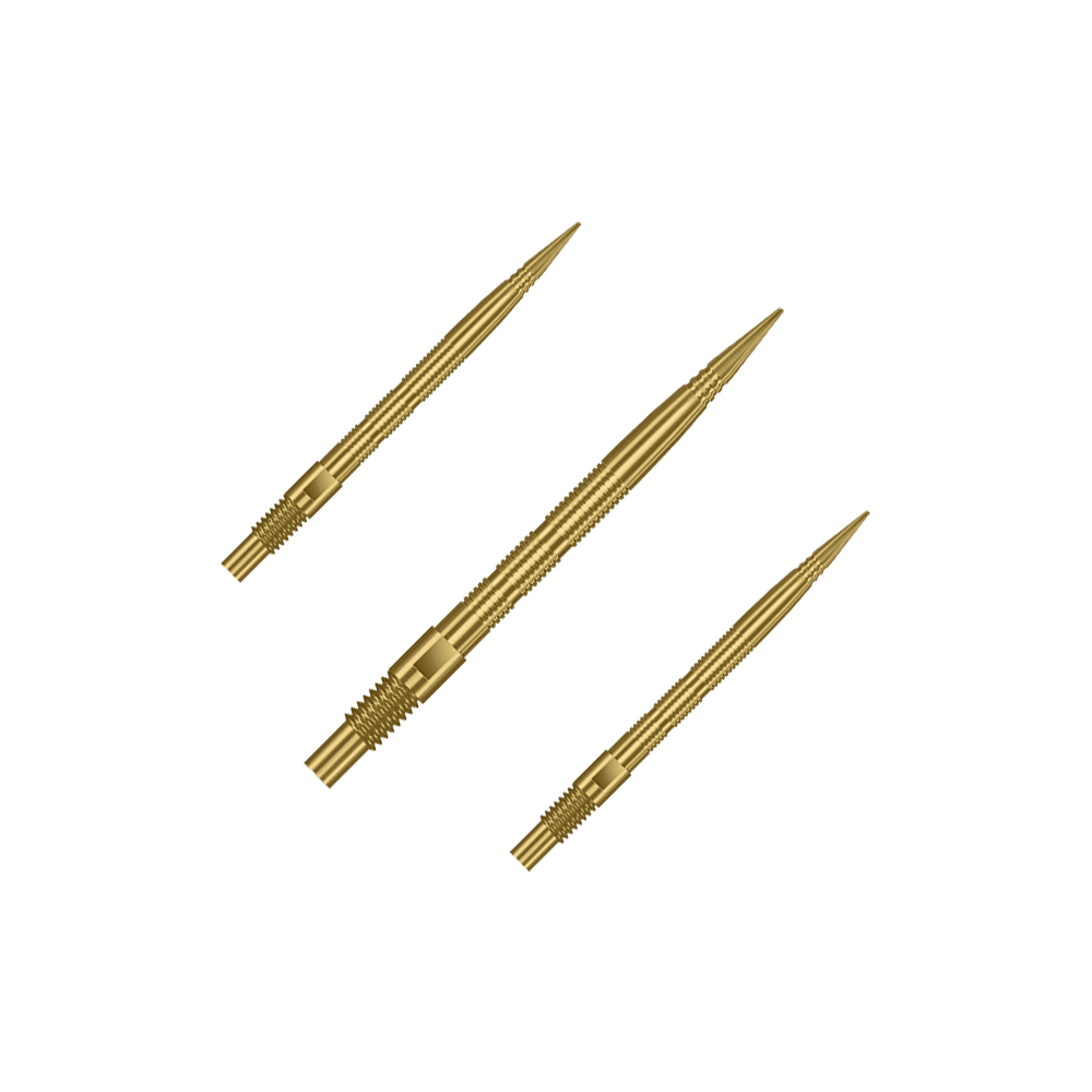 Harrows Quick Point Micro Ridge Dart Tips - Gold Das Bild zeigt mehrere goldene Dartspitzen. Die Spitzen sind wahrscheinlich vom Typ Harrows Quick Point MicroRidge, 26mm lang.