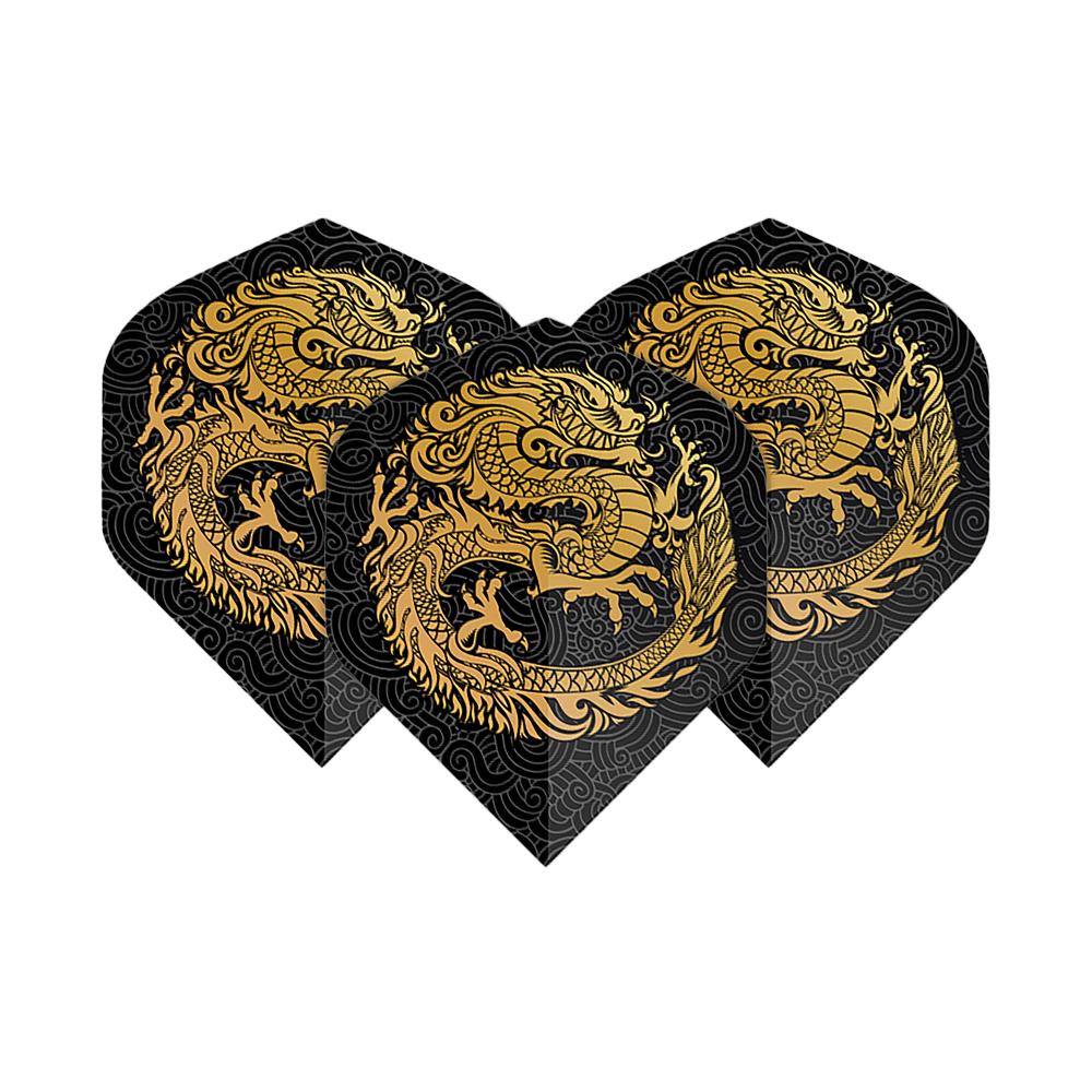 Pentathlon Flights Dragon black Das Bild zeigt drei Dart-Flights mit einem auffälligen goldenen Drachen-Design auf schwarzem Hintergrund. Die Flights sind vom Typ "Pentathlon Dragon 2 Standard".