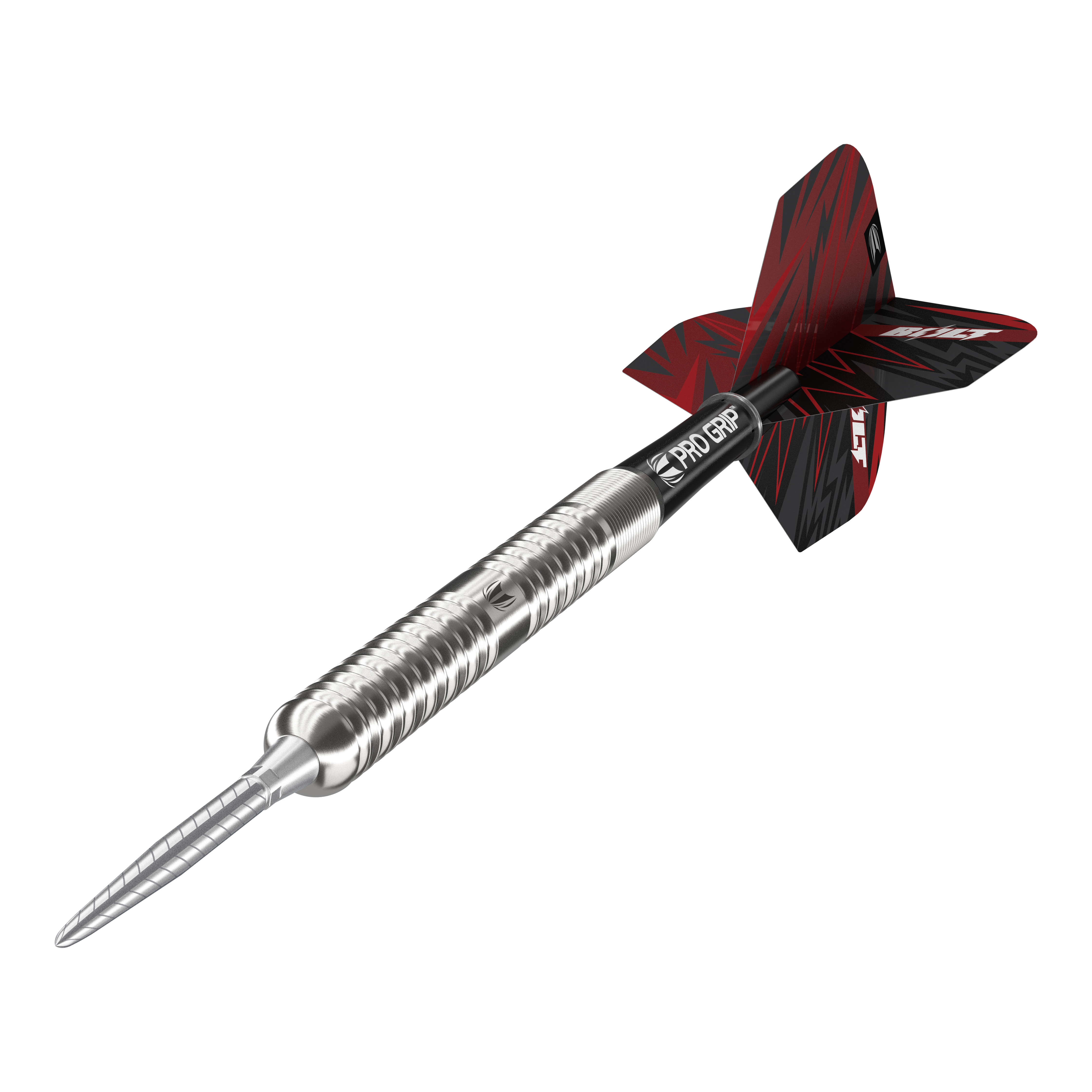 Target Sebastian Bialecki GEN1 Swiss Point Steeldarts - 22g Das Bild zeigt den Target Sebastian Bialecki GEN1 Swiss Point Steeldart mit 22 Gramm Gewicht. Der Dartpfeil hat ein silbernes Metallgehäuse, einen schwarzen Schaft und ein rot-schwarzes Flight-Design.