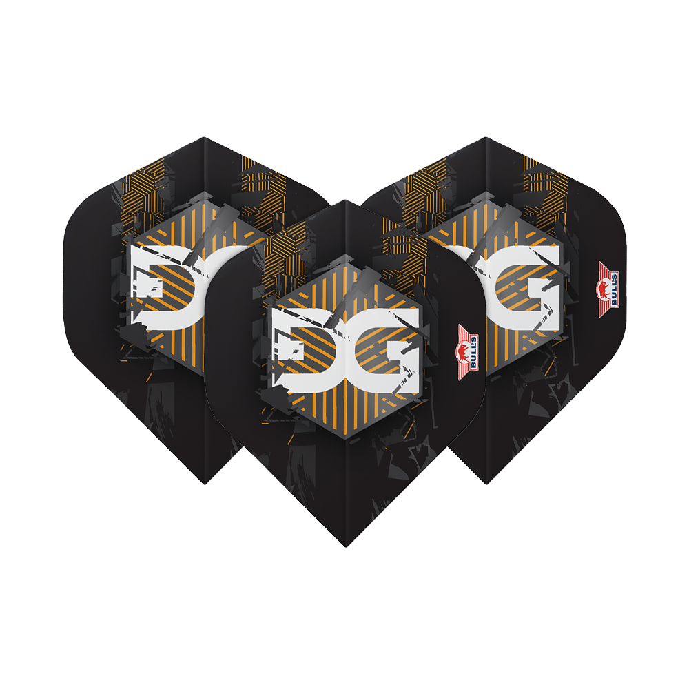 BU50920_BullsNL_Player_100_Martijn_Kleermaker_90_No2_Standard_Flights_1nVEL5fDJXBSTz Das Bild zeigt drei schwarze Dart Flights mit gelben und weißen grafischen Elementen. Auf jedem Flight ist das Logo von Bulls und der Name "Martijn Kleermaker" zu sehen.