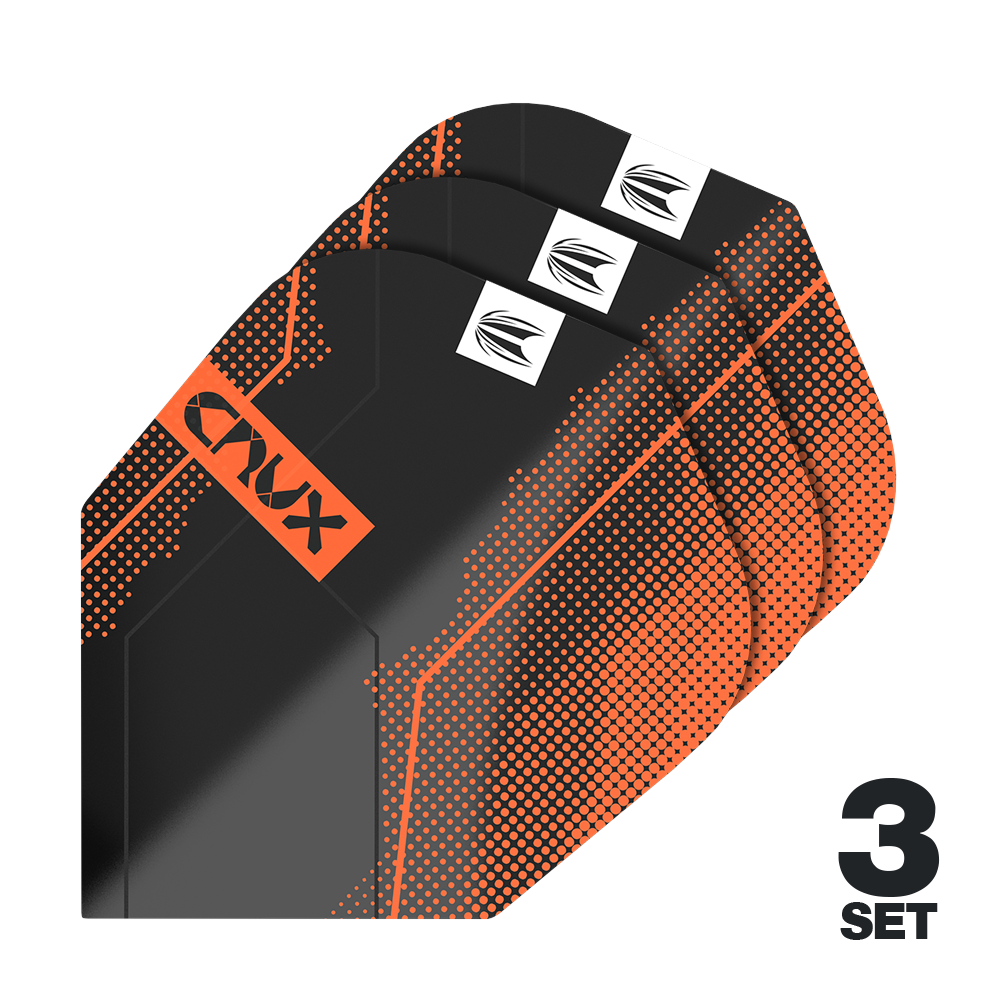 Target Pro Ultra Crux No6 Flights - 3 Sets - 3 Sets Das Bild zeigt drei Sätze Target Pro Ultra Crux No6 Flights. Die Flights sind schwarz mit orangefarbenen Akzenten und dem Schriftzug "CRUX".
