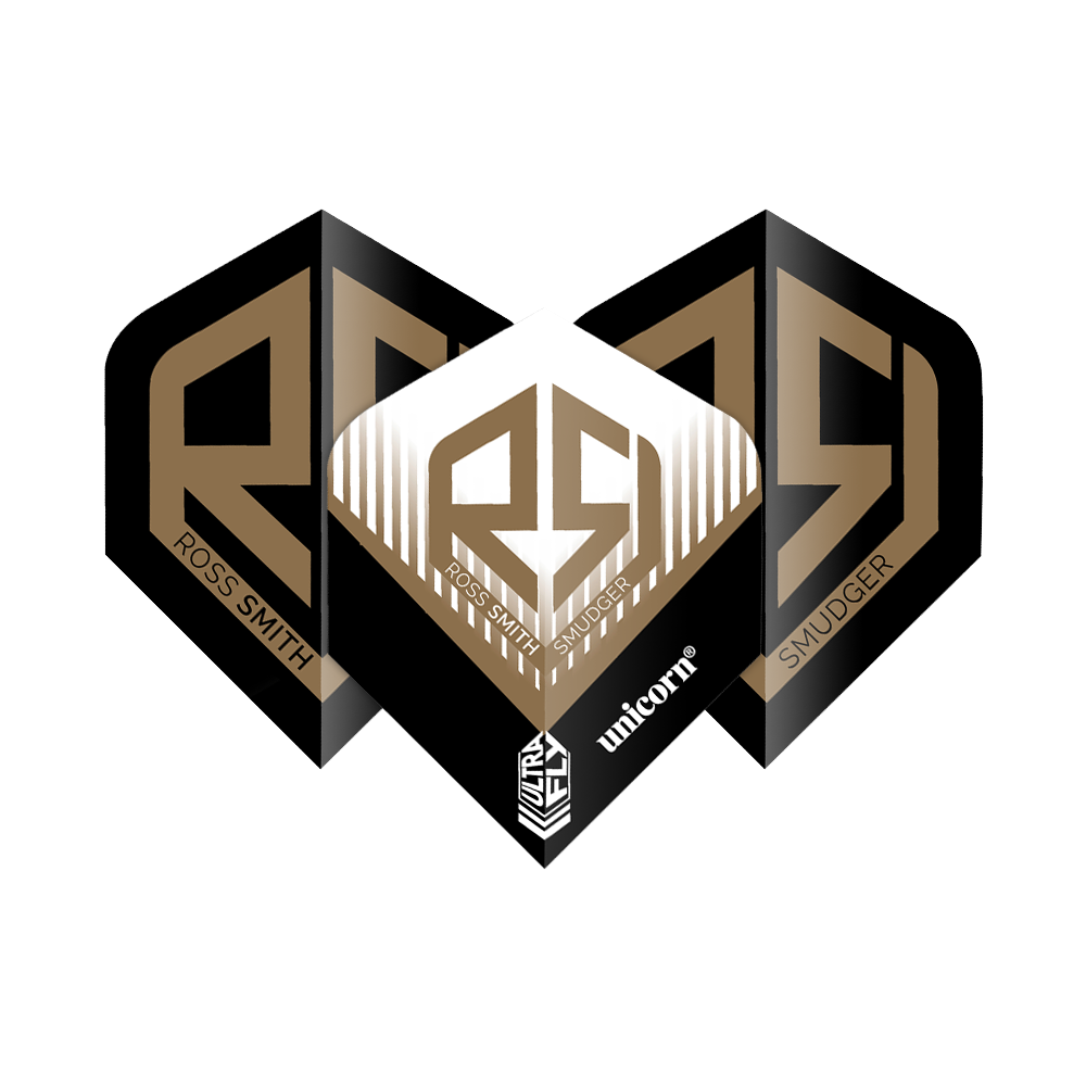 Unicorn Ultrafly 100 Ross Smith Plus Flights Das Bild zeigt die "Unicorn Ultrafly 100 Ross Smith Plus Flights" mit einem markanten goldenen RS-Logo auf schwarzem Hintergrund. Auf den Flights stehen die Namen "Ross Smith" und "Smudger" sowie das Unicorn-Logo.