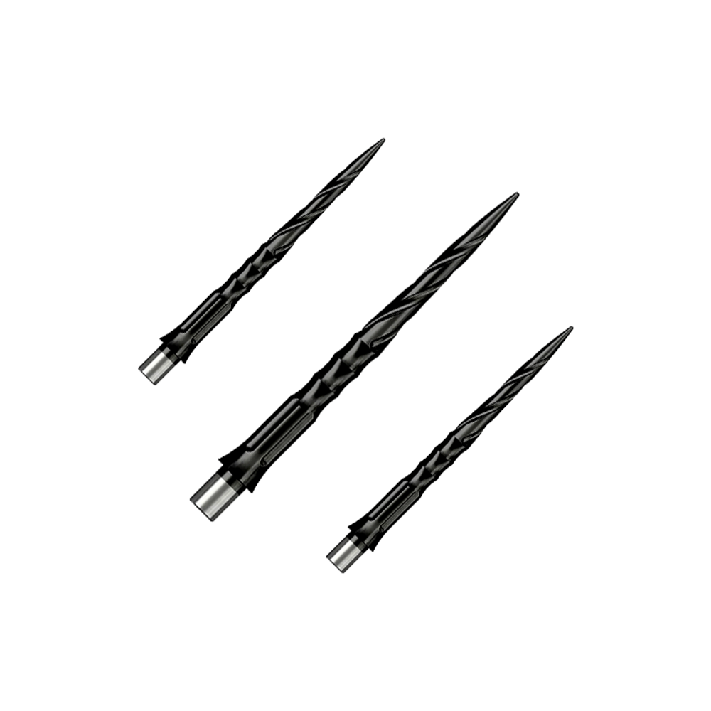 Caliburn System steel dart tips - Spiro - No Lip - Black Zu sehen ist ein Set von Caliburn Evo System Steeldartspitzen Spiro NoLip Black, 28 mm. Die Spitzen eignen sich für professionelle Steeldartspiele.