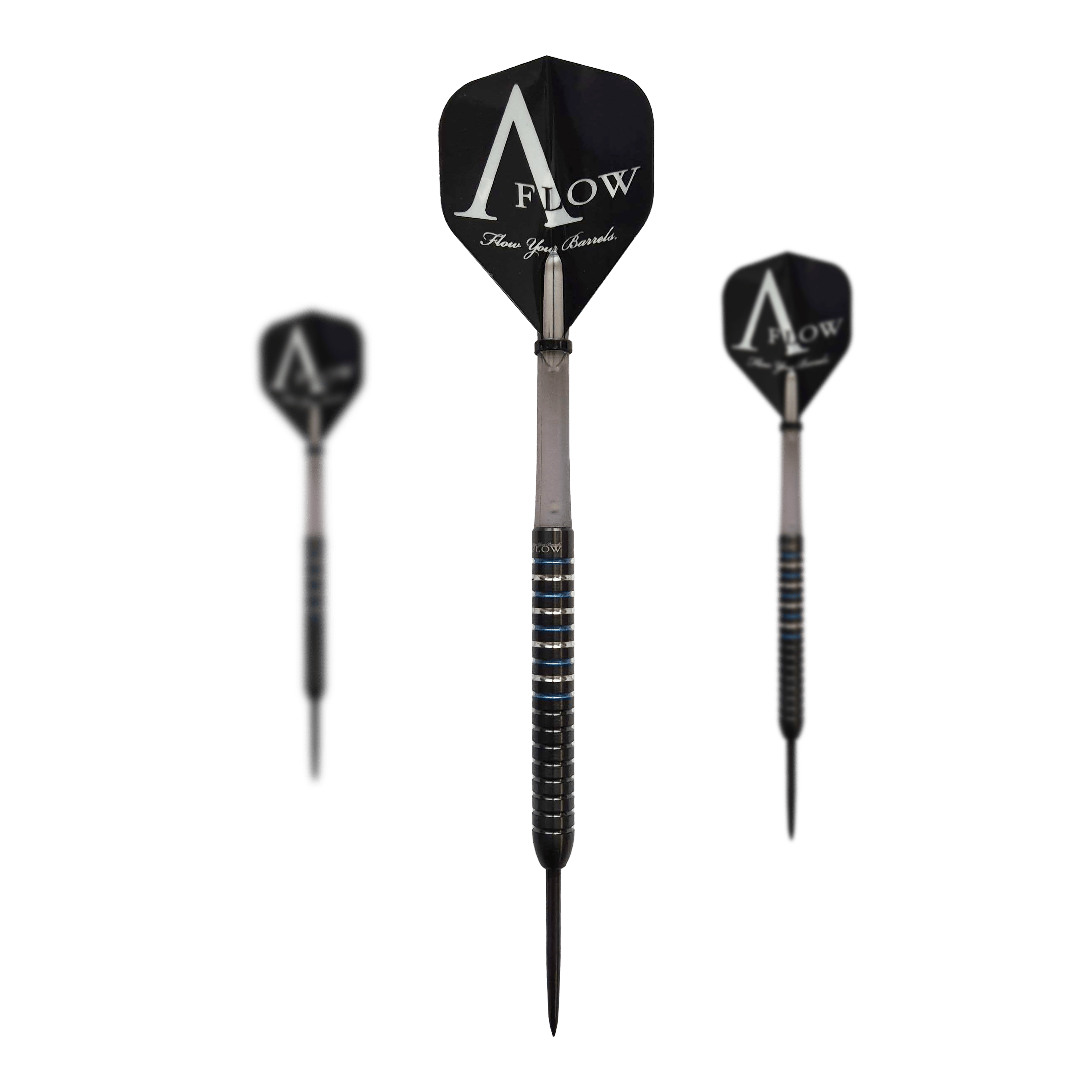 Dynasty Fallon Sherrock 4 S AFlow BK Steeldarts - With Autograph - 23g Das Bild zeigt drei Steeldarts der Marke "Dynasty Fallon Sherrock 4 S AFlow BK" mit schwarzem Design und auffälligen Ringen am Barrel. Auf der schwarzen Flight steht groß "AFLOW" geschrieben.