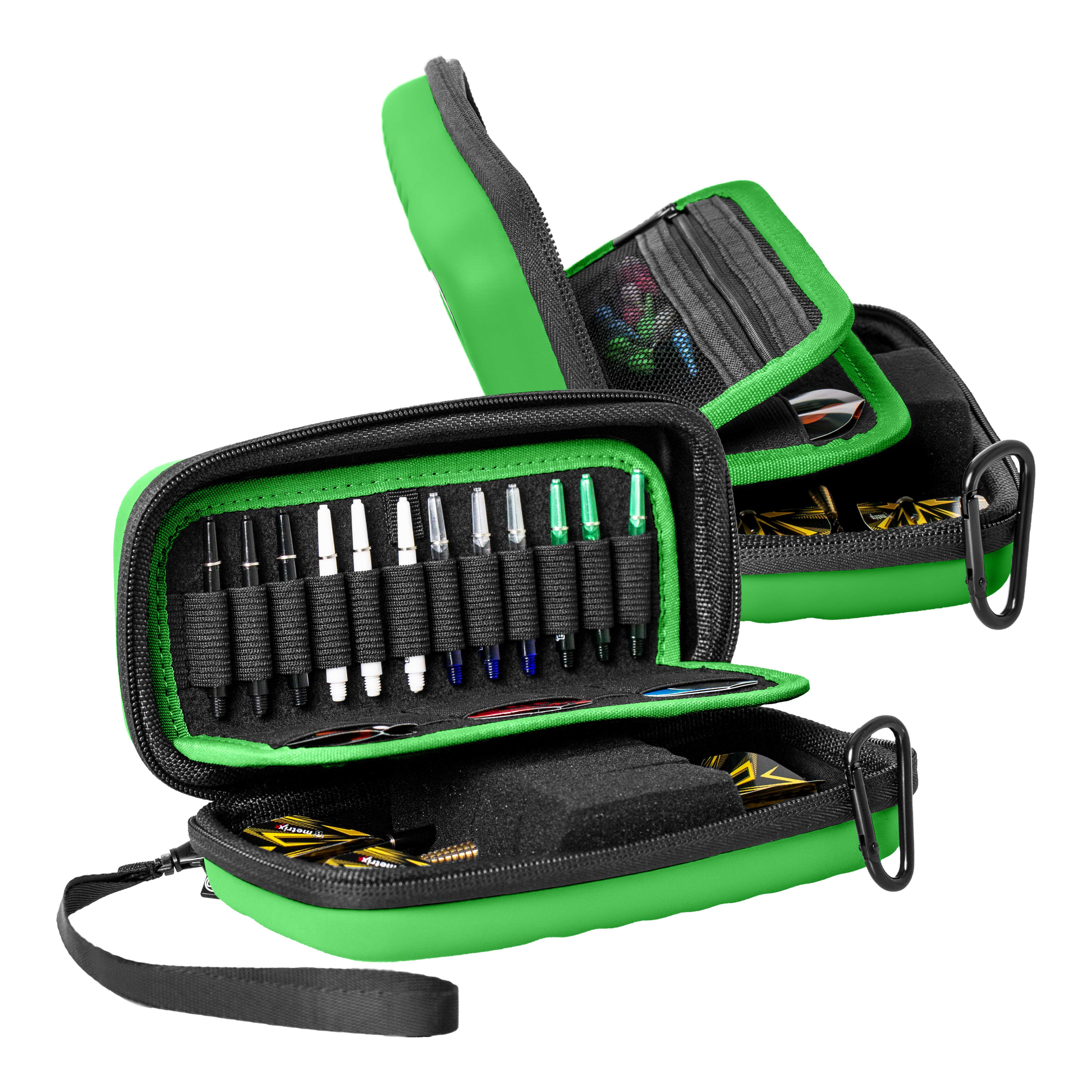 Das Bild zeigt das Bulls Orbis S Dartcase in der Farbe Grün. Die Tasche bietet ein sicheres Fach für Darts und Zubehör.