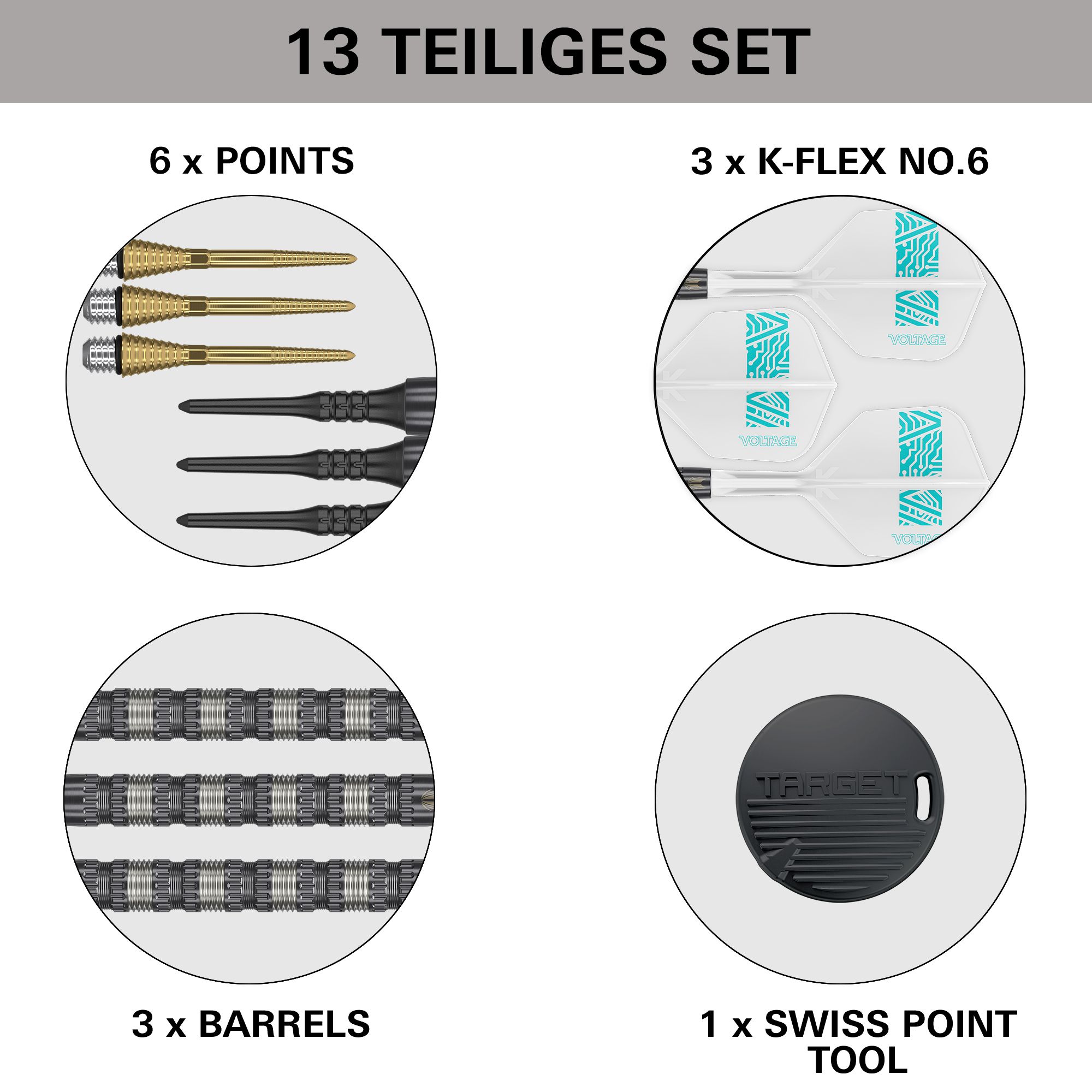 Target Rob Cross 95K Swiss Point Soft Darts - 18g Dieses Bild zeigt den Lieferumfang des "Target Rob Cross 95K Swiss Point Softdarts - 18g" Sets. Enthalten sind 6 Spitzen, 3 Flights, 3 Barrels und 1 Swiss Point Tool.