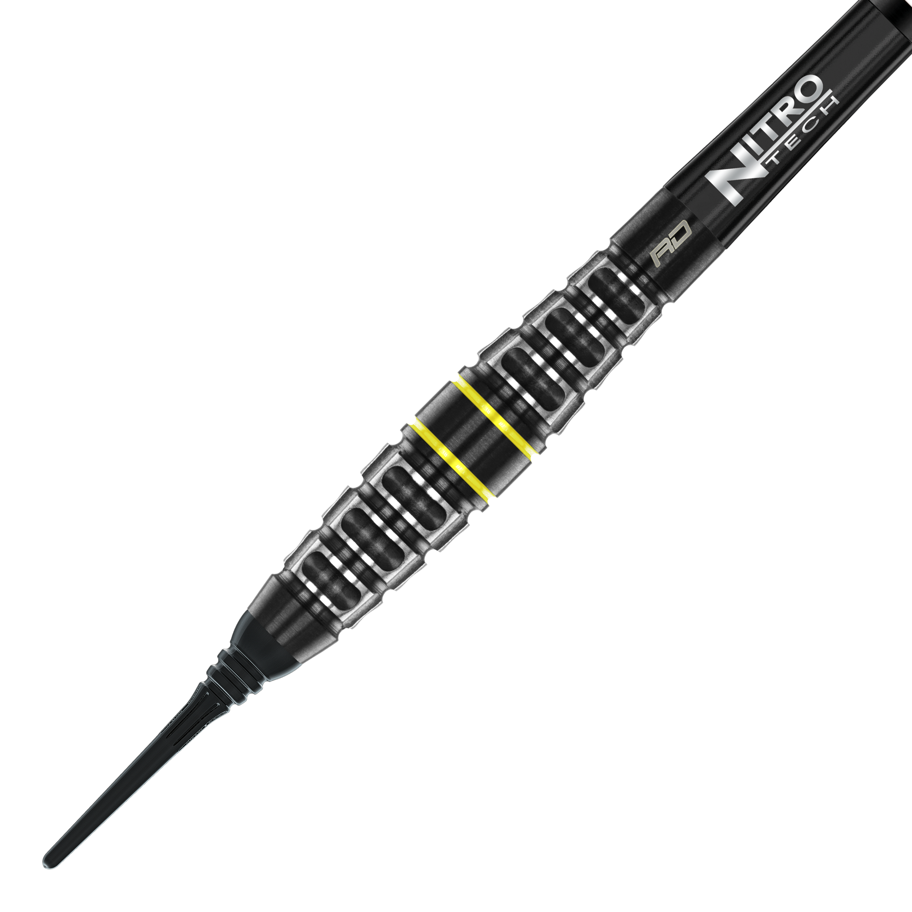 Red Dragon Astraeus Q4X Torpedo Soft Darts - 20g Auf dem Bild ist der Red Dragon Astraeus Q4X Torpedo Softdart mit 20g Gewicht zu sehen. Der Dart hat ein schwarzes Design mit silbernen und gelben Akzenten sowie der Aufschrift "Nitro Tech".