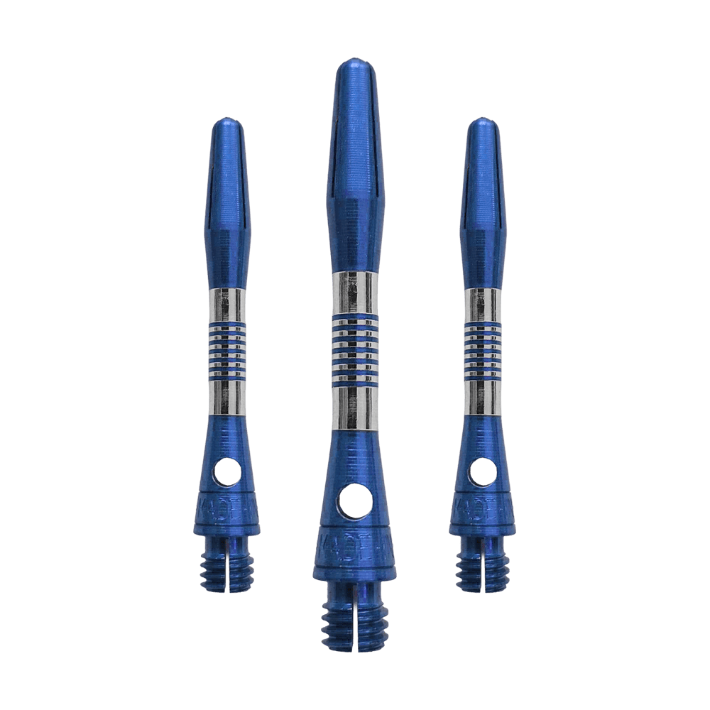Dieses Bild zeigt blaue BullsNL Cetra Aluminium Shafts mit einer Länge von 34 mm. Es handelt sich um ein Set für Dartpfeile.