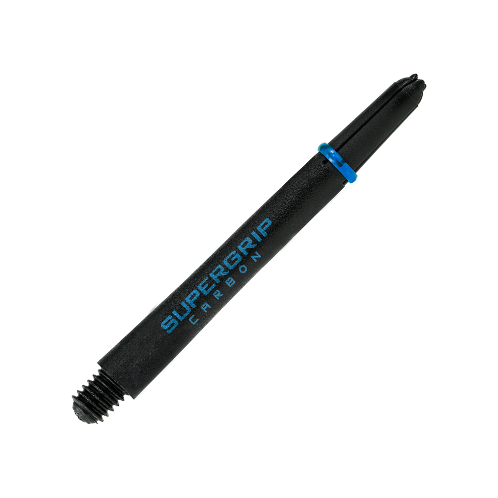 Das Bild zeigt einen Harrows Supergrip Carbon Shaft in der Farbe Aqua. Der Schaft ist schwarz mit blauer Aufschrift und einem blauen Ring.