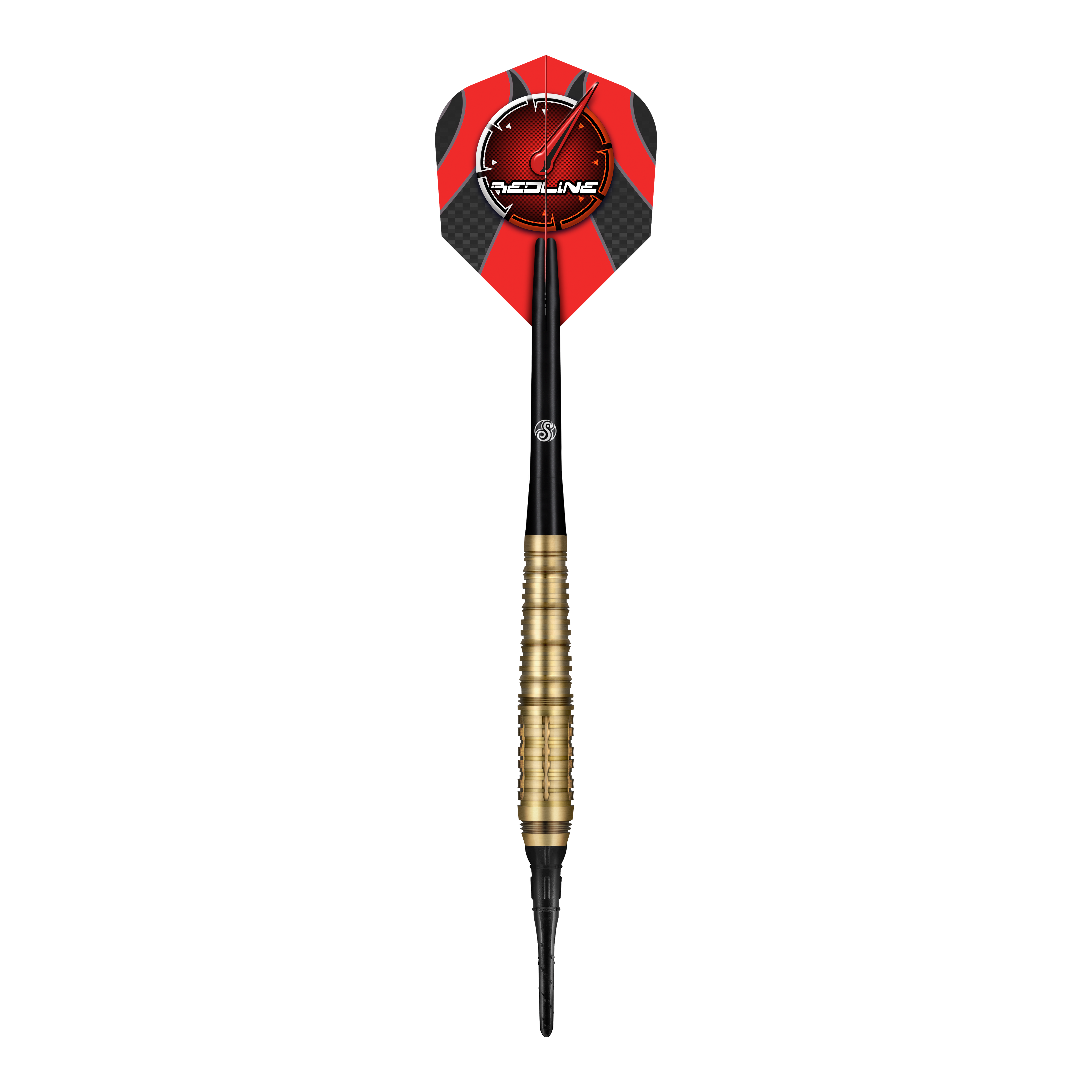 Shot Redline Mach 1 soft darts - 20g Das Bild zeigt einen Shot Redline Mach 1 Softdart mit einem Gewicht von 20g. Der Dart hat einen goldenen Griffbereich, einen schwarzen Schaft und eine rote Flights mit dem Redline-Logo.