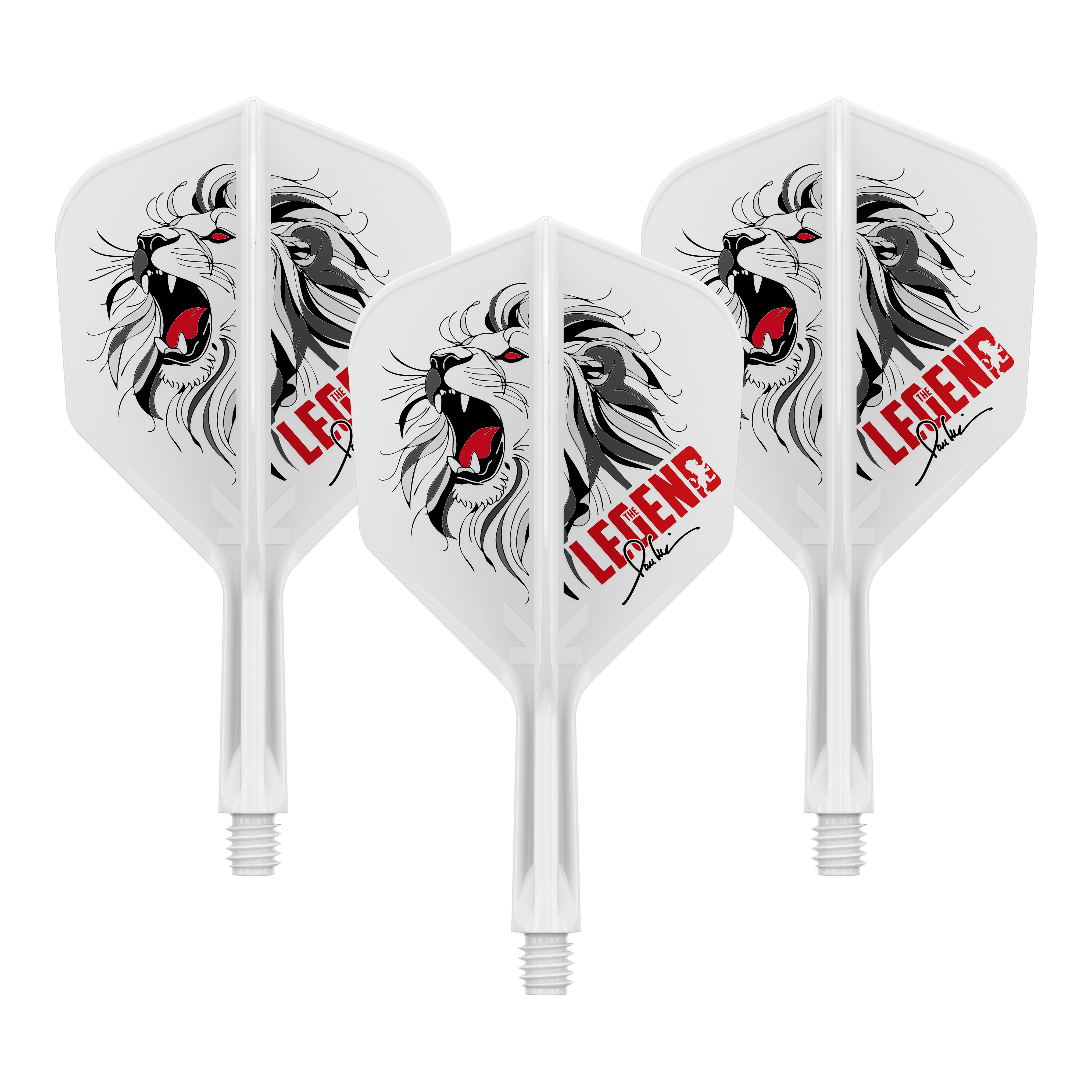 Das Bild zeigt ein Set Dart-Flights, genannt '410264_Target_Japan_K-Flex_Paul_Lim_The_Legend_Printed_No6_Flights_19mm_1Set'. Diese Flights sind bedruckt und eignen sich zum Einsatz bei Paul Lim Darts.