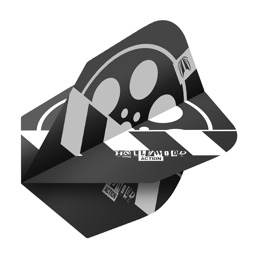 Target Pro Ultra Chris Dobey Hollywood Action No6 Flights - 3 Sets Das Bild zeigt ein Dart-Flight mit schwarzem und weißem Design, auf dem "Hollywood Action" steht. Das Produkt ist das "Target Pro Ultra Chris Dobey Hollywood Action No6 Flights - 3 Sets".