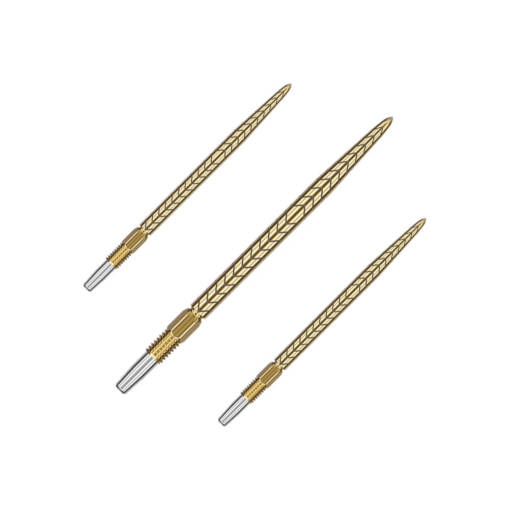 Target Swiss Point RVE dart tips - Gold Das Bild zeigt drei goldene Dartspitzen mit einem strukturierten Muster. Sie sind länglich geformt und haben am Ende eine silberne Befestigung.