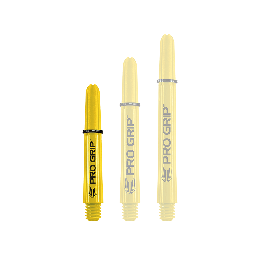 Das Bild zeigt drei gelbe Dartschäfte in unterschiedlichen Längen. Auf jedem Schaft steht der Schriftzug "PRO GRIP" in schwarzer Farbe.