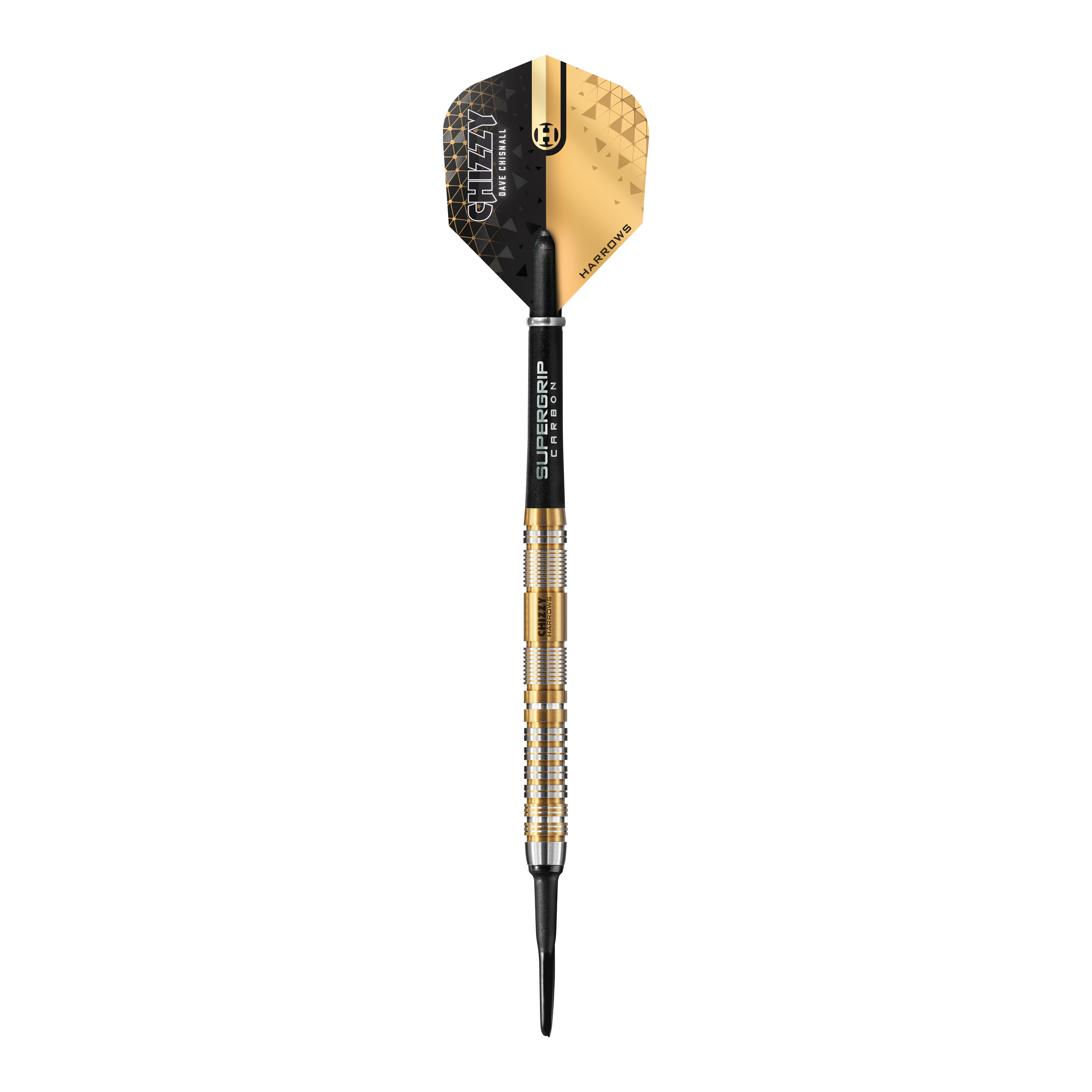 Harrow's Dave Chisnall Chizzy Series 2 soft darts Das Bild zeigt einen Harrows Dave Chisnall Chizzy Series 2 Softdart. Der Dart hat ein modernes schwarzes und goldenes Design mit silbernen und goldenen Ringen am Barrel.