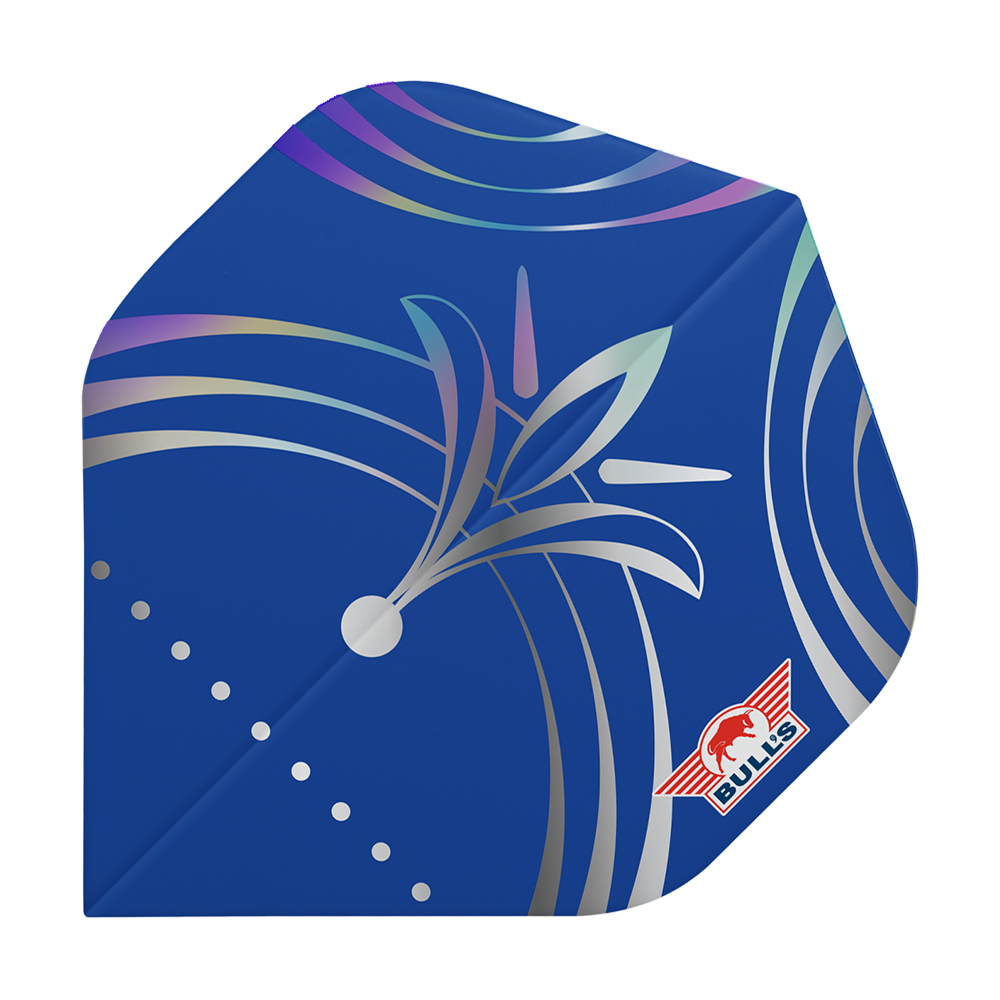 Bulls NL Series 100 Silvian No2 Standard Flights Das Bild zeigt das Produkt "Bulls NL Series 100 Silvian No2 Standard Flights". Es hat ein blaues Design mit silbernen Mustern und dem Bulls-Logo in der Ecke.
