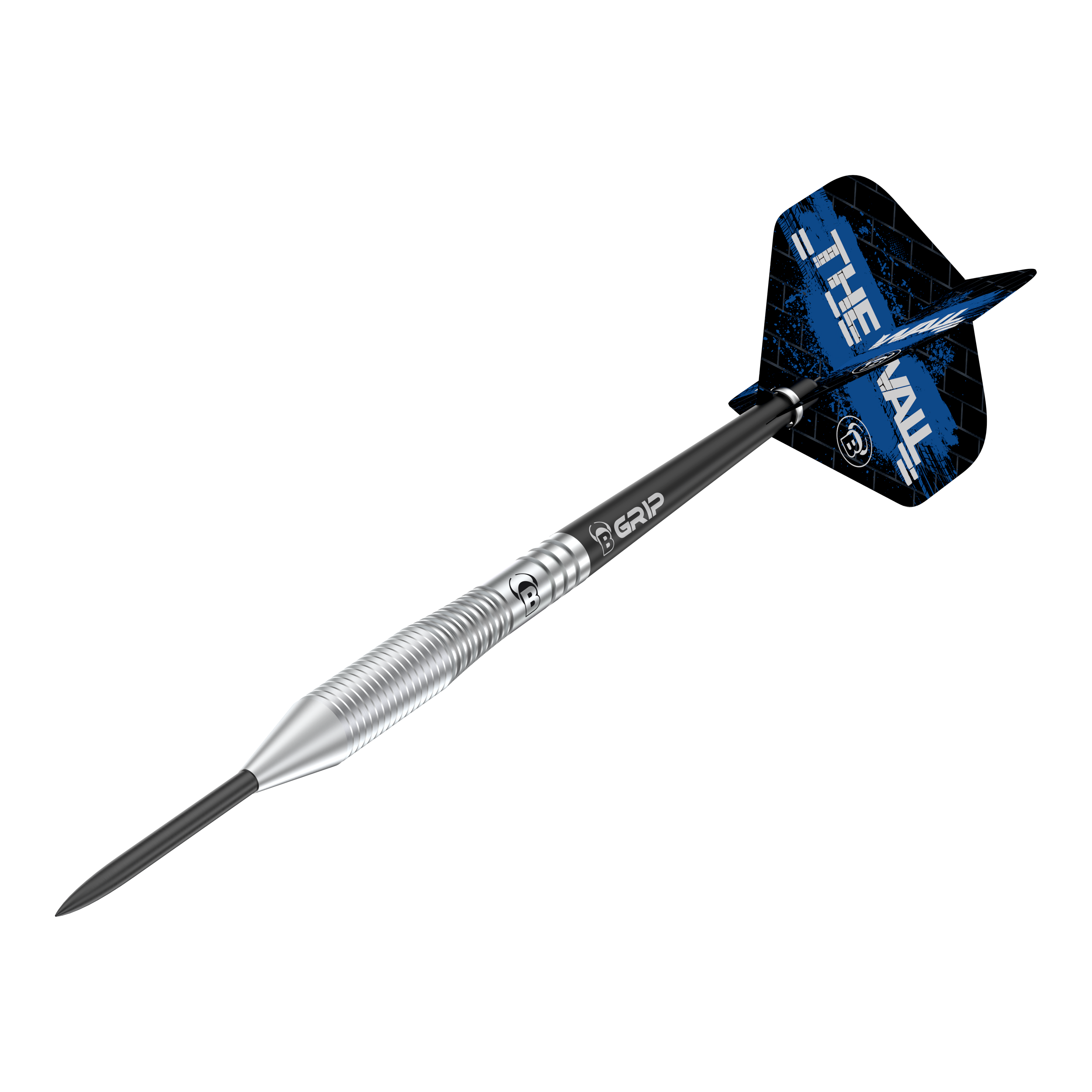 Bulls Martin Schindler TW80 steel darts Das Bild zeigt einen Steeldart namens "Bulls Martin Schindler TW80". Der Dart hat einen silbernen, geriffelten Schaft und blaue Flights mit der Aufschrift "THE WALL".