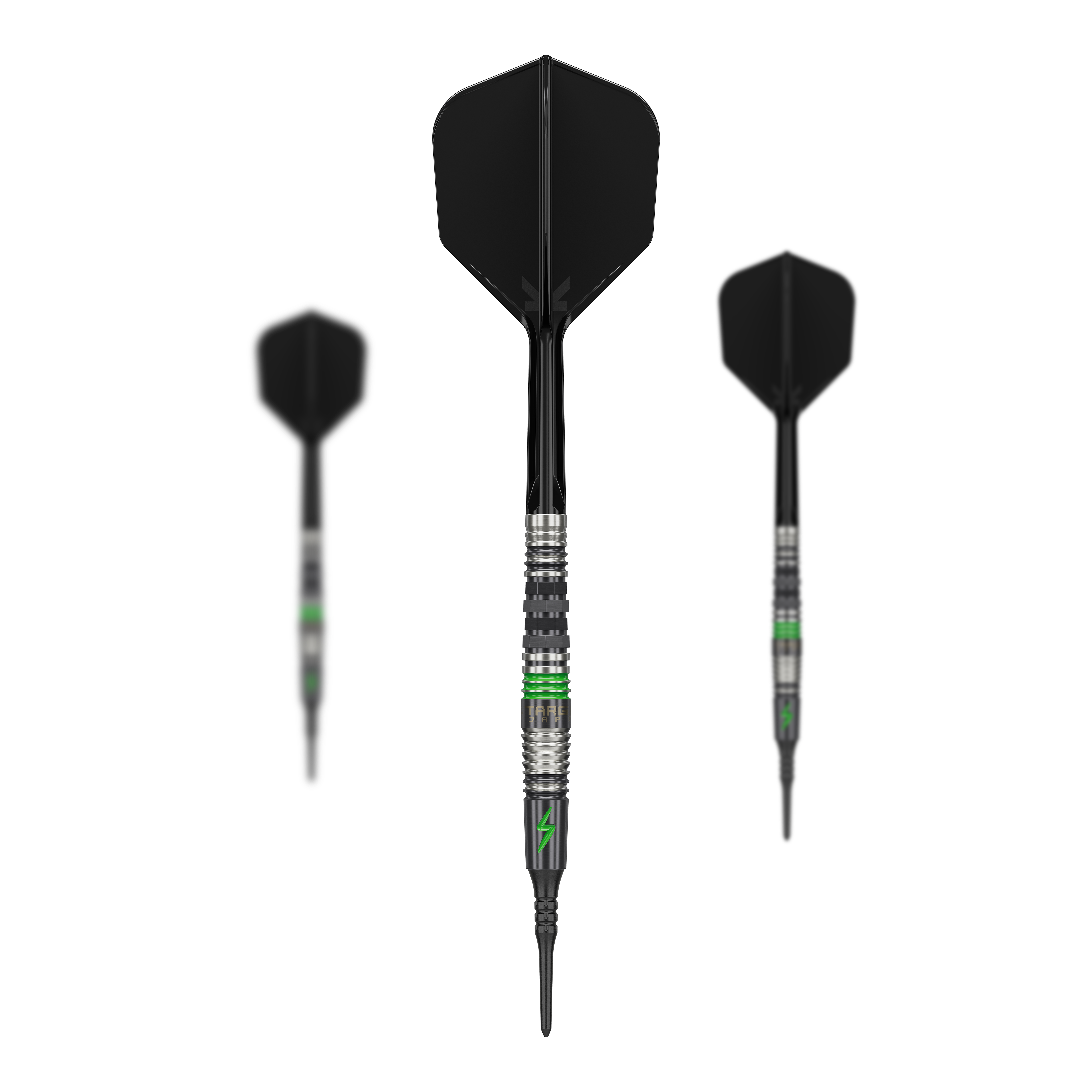 Target Japan Black Marque Lightning 3 Soft Darts - 19g Das Bild zeigt drei Softdarts des Modells "Target Japan Black Marque Lightning 3" mit einem Gewicht von 19g. Die Darts sind schwarz-silbern mit grünen Akzenten gestaltet.