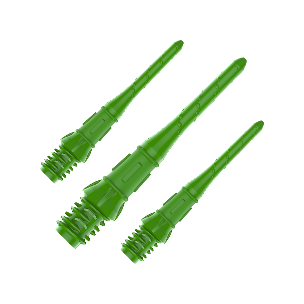 Das Bild zeigt drei grüne Dartspitzen aus Kunststoff. Sie sind nebeneinander angeordnet und auf einem transparenten Hintergrund dargestellt.