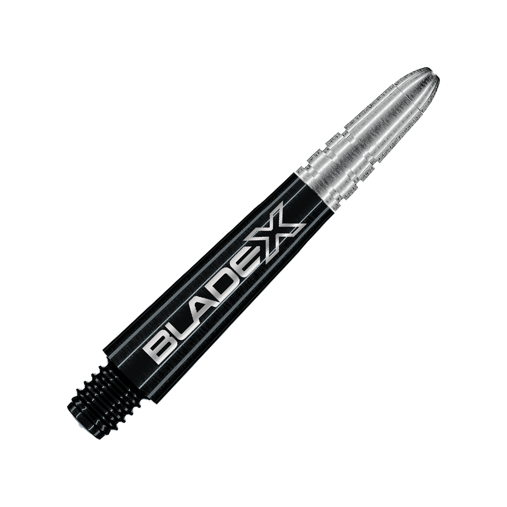Winmau Vecta Blade X Shafts - Black Dargestellt ist ein schwarzer Dartshaft mit dem Namen Winmau Vecta Blade X, 34 mm. Dieses Objekt ist für die Verwendung mit Dartpfeilen gedacht.