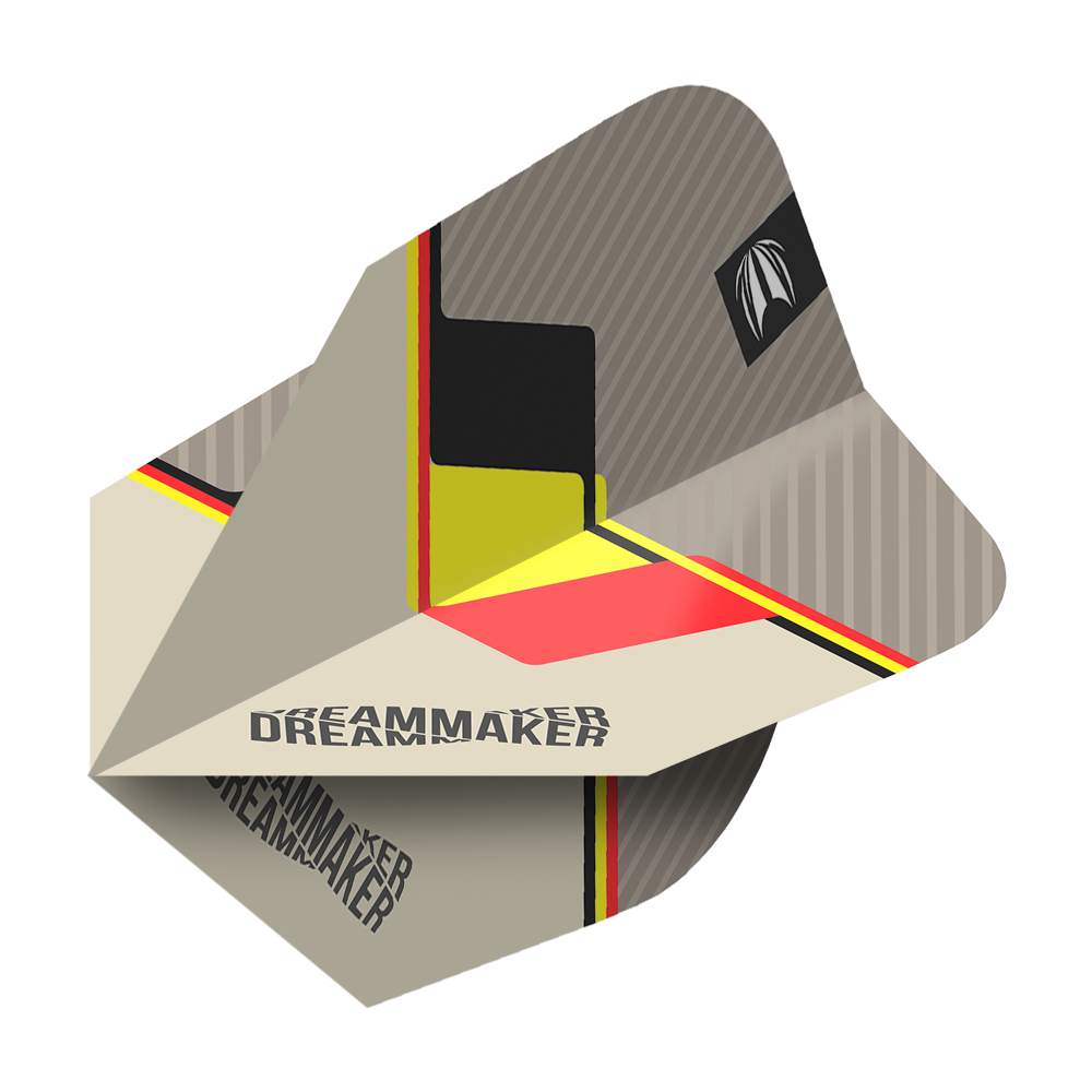 TG78_336510_Target_Pro_Ultra_Dimitri_Van_Den_Bergh_2022_Ten-X_Flights_2 Dies ist ein Dart-Flight mit dem Namen "Target Pro Ultra Dimitri Van Den Bergh TenX Flights". Das Design enthält die Farben Schwarz, Gelb und Rot sowie den Schriftzug "DREAMMAKER".