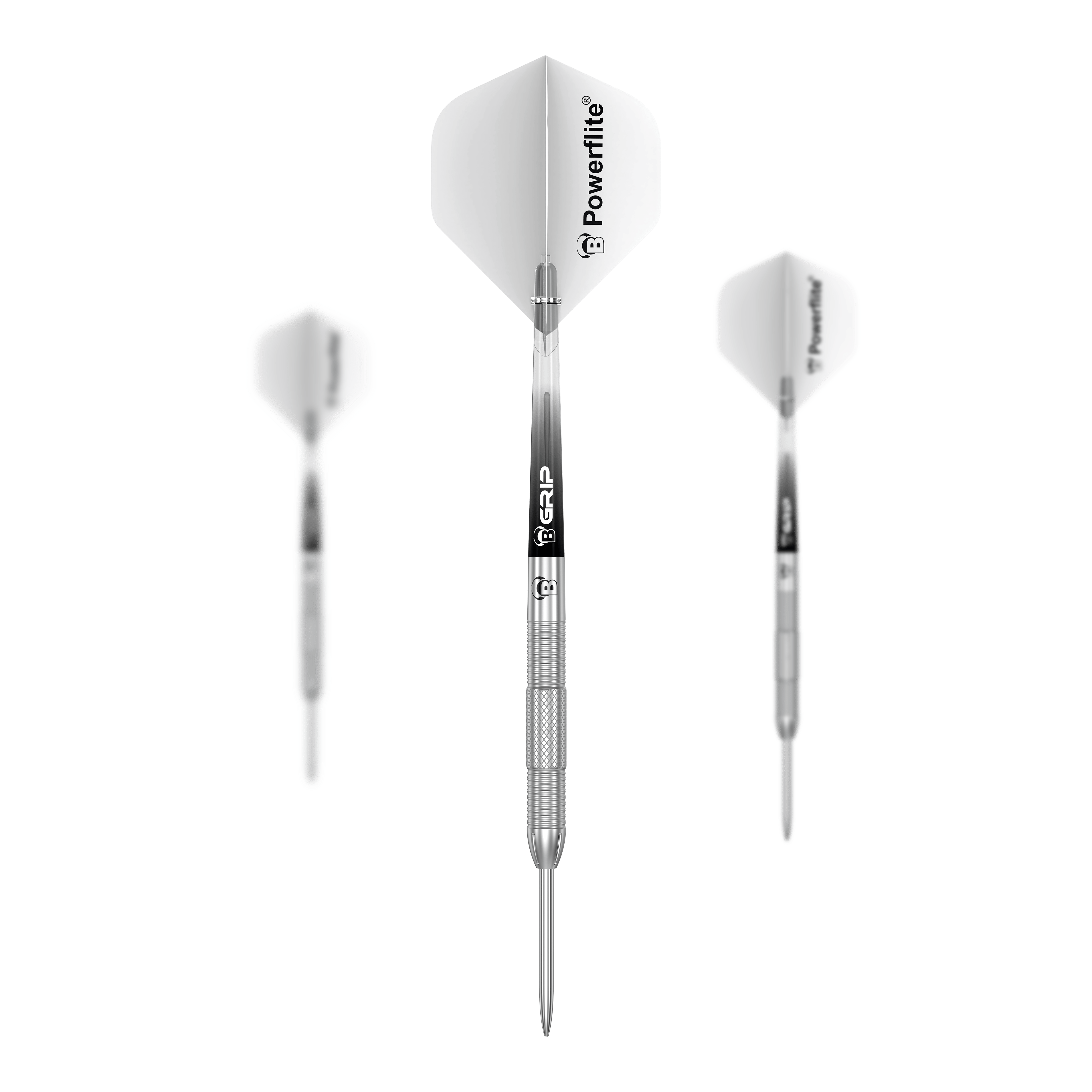 Bulls Challenger Sascha Stuhlemmer Steeldarts - 23g Das Bild zeigt drei Steeldarts des Modells "Bulls Challenger Sascha Stuhlemmer - 23g". Die Darts sind silberfarben mit weißen Flights, auf denen "Powerflite" steht.