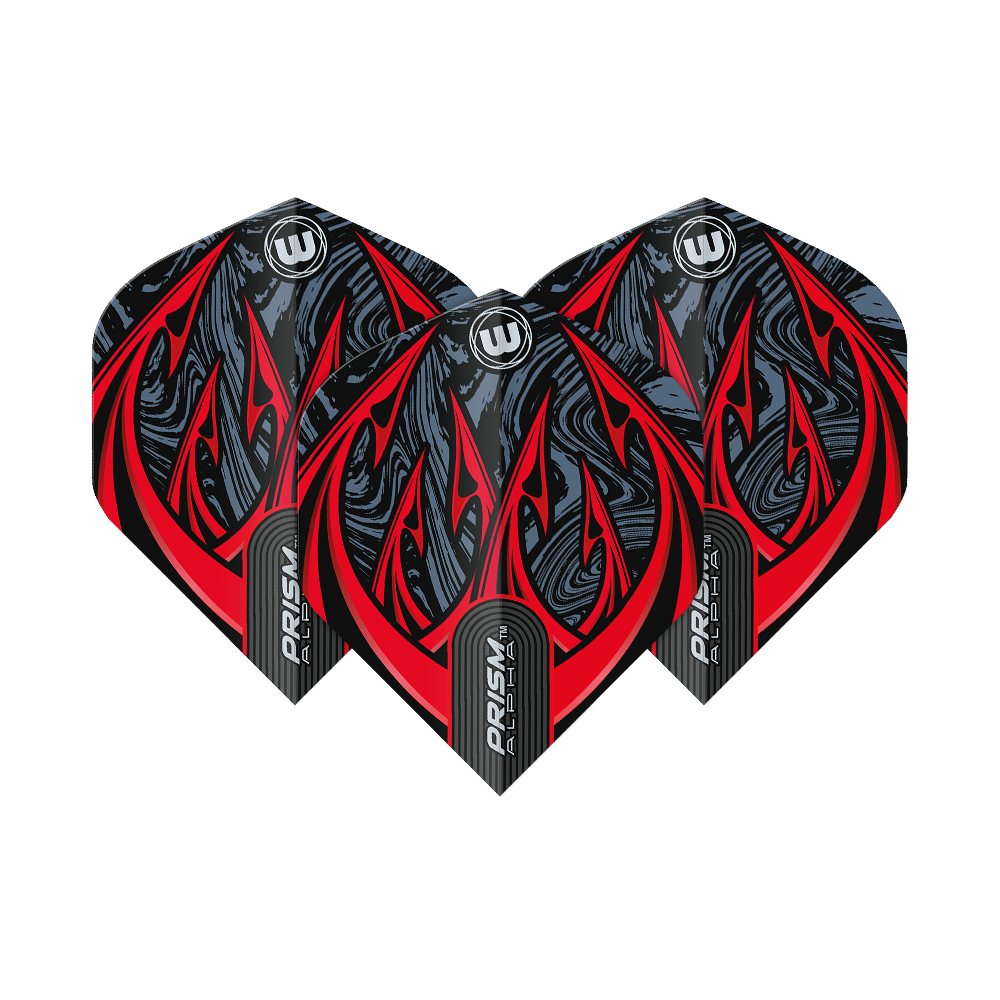 6915-195_Winmau_Prism_Alpha_Diablo_Standard_Flights_15Gks1Dq7YcvHW Das Bild zeigt drei Winmau Prism Alpha Diablo Standard Flights. Sie haben ein auffälliges Design in Schwarz, Rot und Grau mit modernen Mustern.