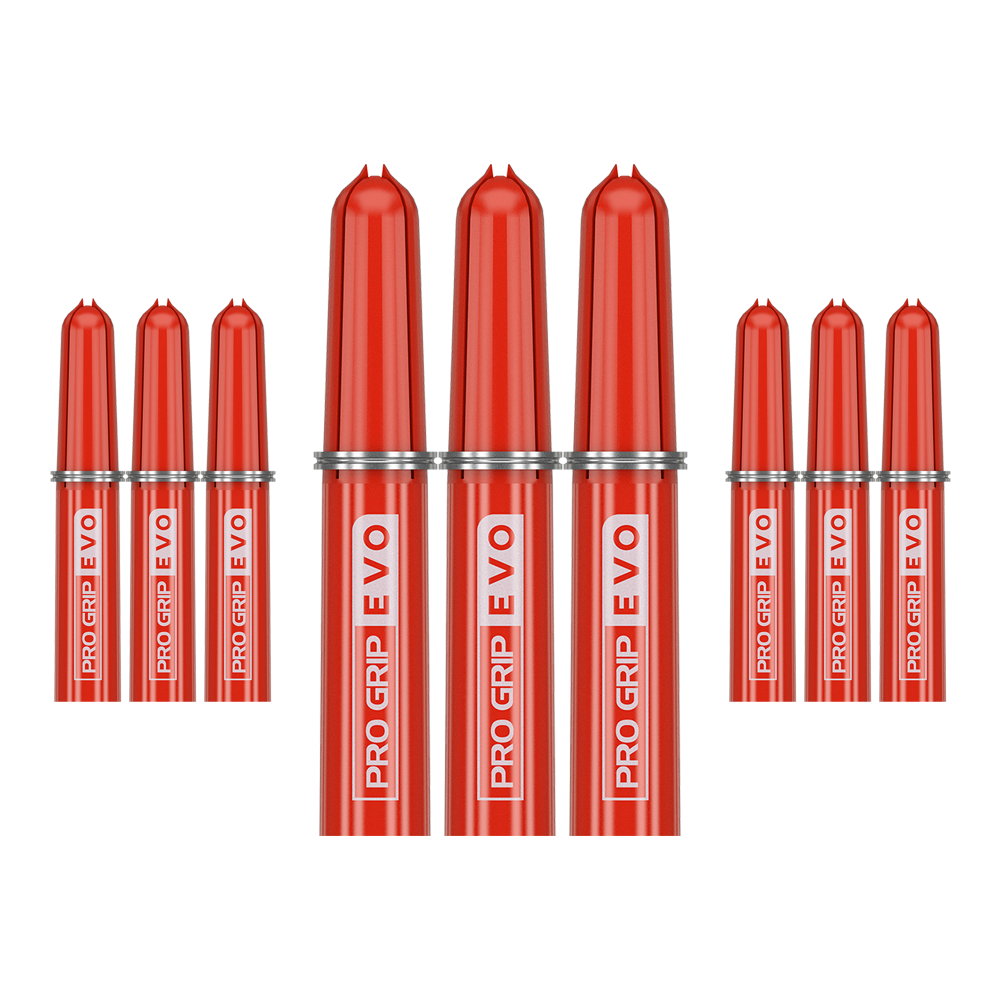 Target Pro Grip EVO Ersatztops (9er Pack) Das Bild zeigt neun rote Ersatztops des Produkts "Target Pro Grip EVO" im 9er Pack. Die Aufschrift "PRO GRIP EVO" ist deutlich auf jedem Top zu sehen.