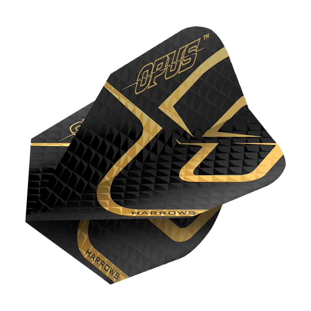 Harrow's Opus Version 2 Flights Das Bild zeigt das Produkt "Harrows Opus Version 2 Flights". Die Flights sind überwiegend schwarz mit goldenen Akzenten und Aufschrift.