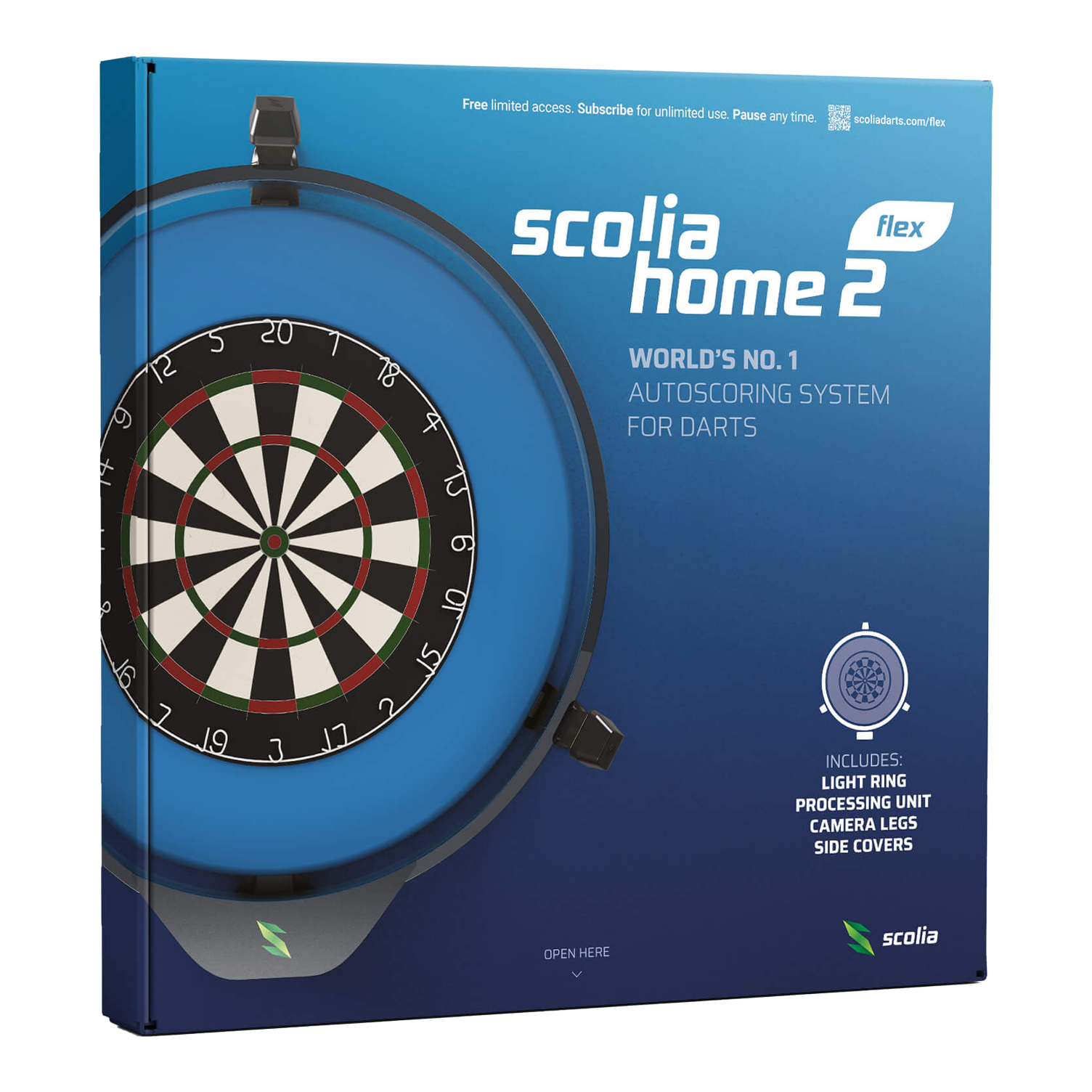 Scolia Home 2 FLEX - Electronic Autoscoring System with Lighting Ring 2026 Die Verpackung zeigt das Produkt "Scolia Home 2 FLEX", ein elektronisches Punktesystem für Darts mit Beleuchtungsring. Auf der Vorderseite sind eine Abbildung eines Dartboards und Informationen zu den enthaltenen Komponenten zu sehen.