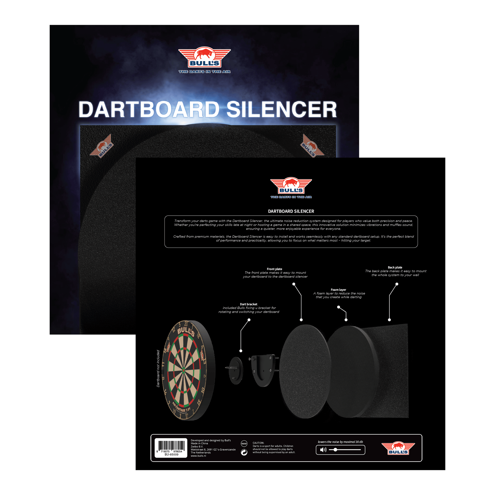 Bulls NL Dartboard Silencer Das Bild zeigt das Produkt "Bulls NL Dartboard Silencer" in seiner Verpackung. Auf der Rückseite ist eine Grafik abgebildet, die die einzelnen Komponenten und deren Funktionen erklärt.