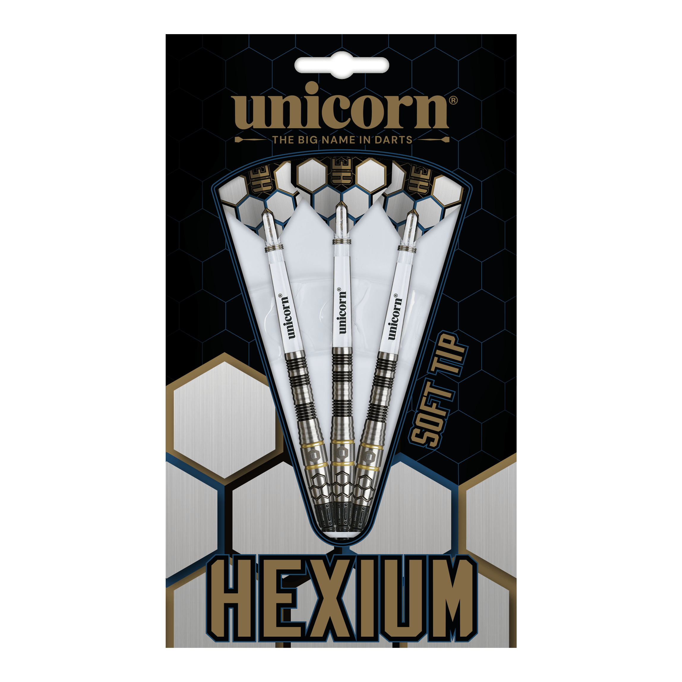 Abgebildet sind Unicorn Hexium Style 01 Black & Gold Softdarts mit 22 Gramm. Diese Softdarts haben ein auffälliges Schwarz-Gold-Design.