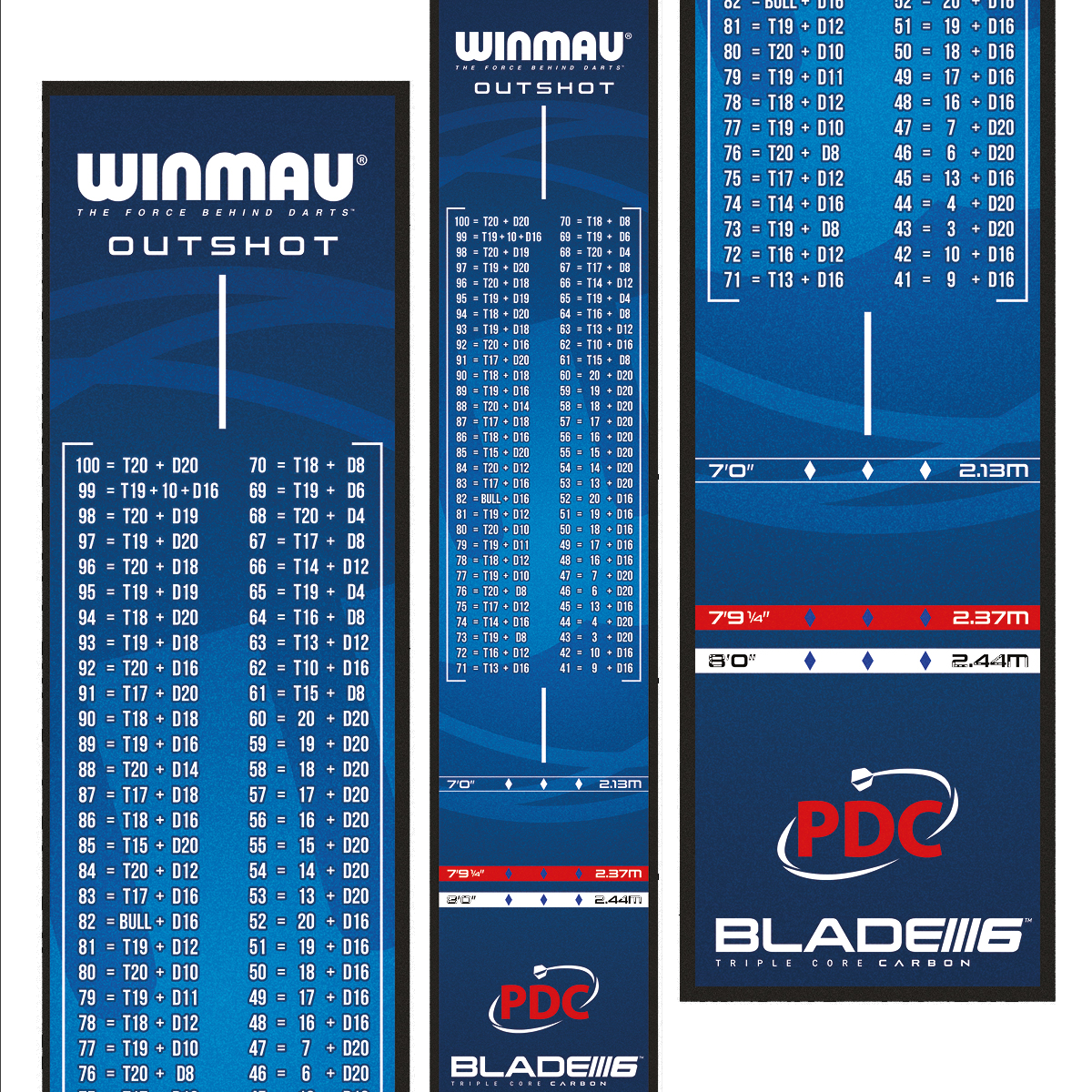 Winmau Outshot Dart Mat Das Bild zeigt die Winmau Outshot Dartmatte 2024 in Blau mit Tabellen für Checkout-Werte beim Dartspiel. Unten auf der Matte sind Markierungen für verschiedene Distanzen und das PDC-Logo zu sehen.