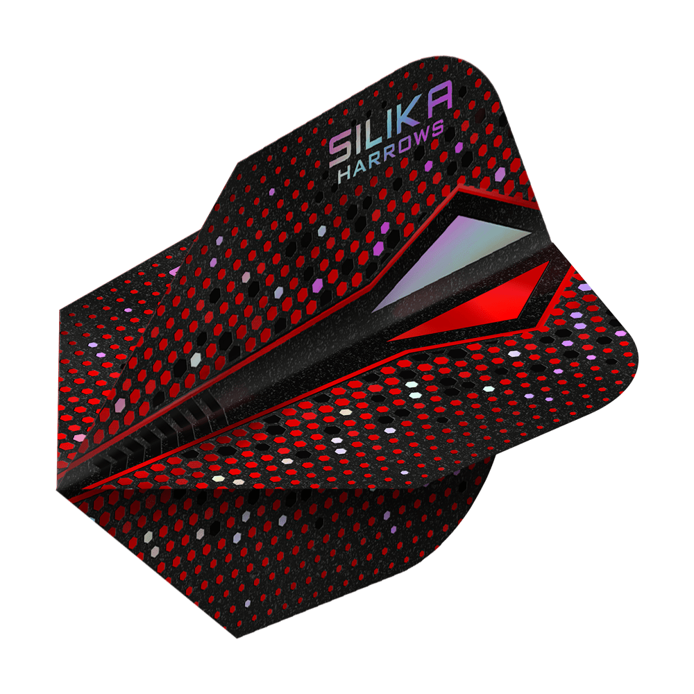 Harrows Silika Colorshift Tough Crystalline Coating Red-X No6 Flights Das Bild zeigt das Produkt "Harrows Silika Colourshift Tough Crystalline Coating Red-X No6 Flights". Die Dart-Flights sind überwiegend schwarz mit roten und bunten Punkten und haben einen modernen, glänzenden Look.