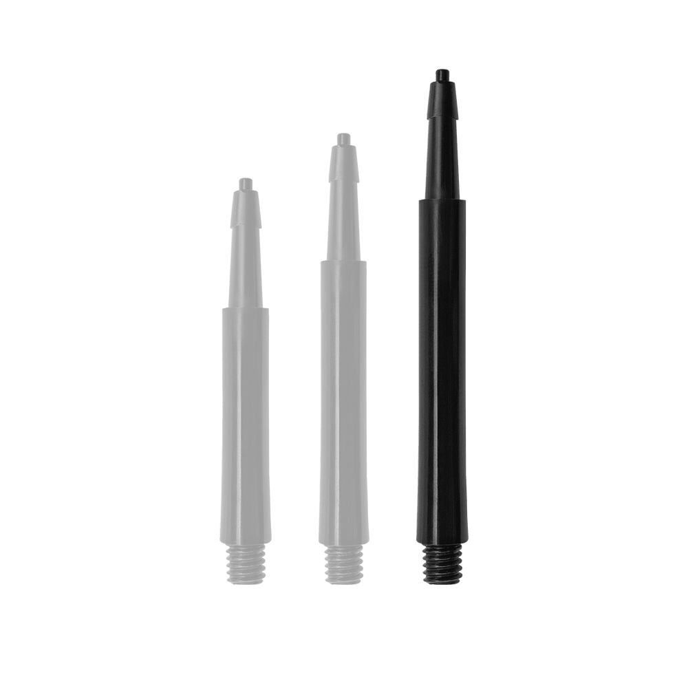 HRC12619_Harrows_Clic_Standard_Shafts_Schwarz_37mm_1QaDcgvy5x2bFt Das Bild zeigt drei schwarze Harrows Clic Standard Shafts in unterschiedlicher Länge. Sie sind als Zubehörteile für Dartpfeile gedacht.