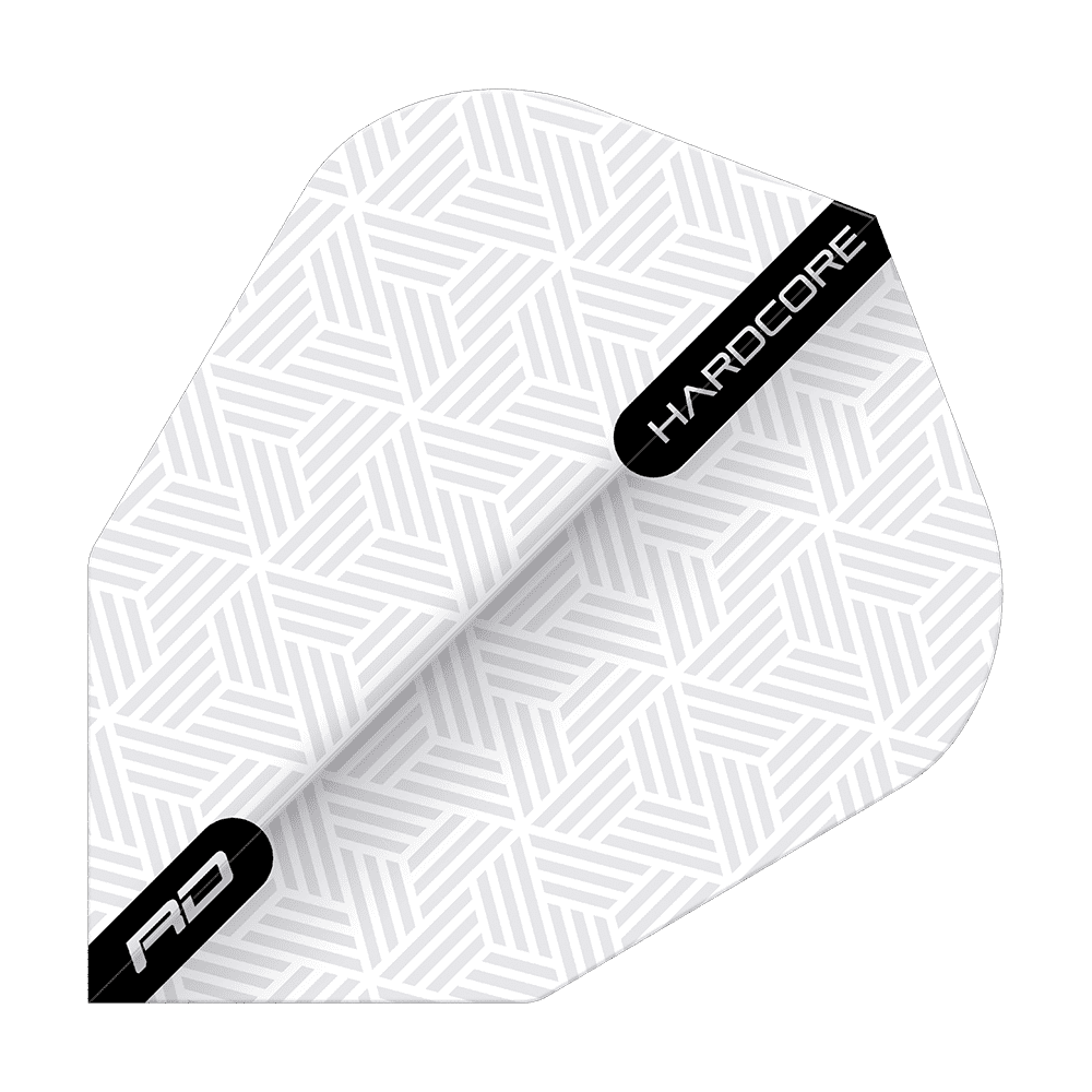 TF6848_Red_Dragon_White_V-Standard_Flights_1dzhv83mMcAohT Das Bild zeigt das Produkt "Red Dragon White V-Standard Flights". Die Flight ist weiß mit einem dezenten geometrischen Muster und schwarzen Akzenten, auf denen "HARDCORE" und "RD" steht.