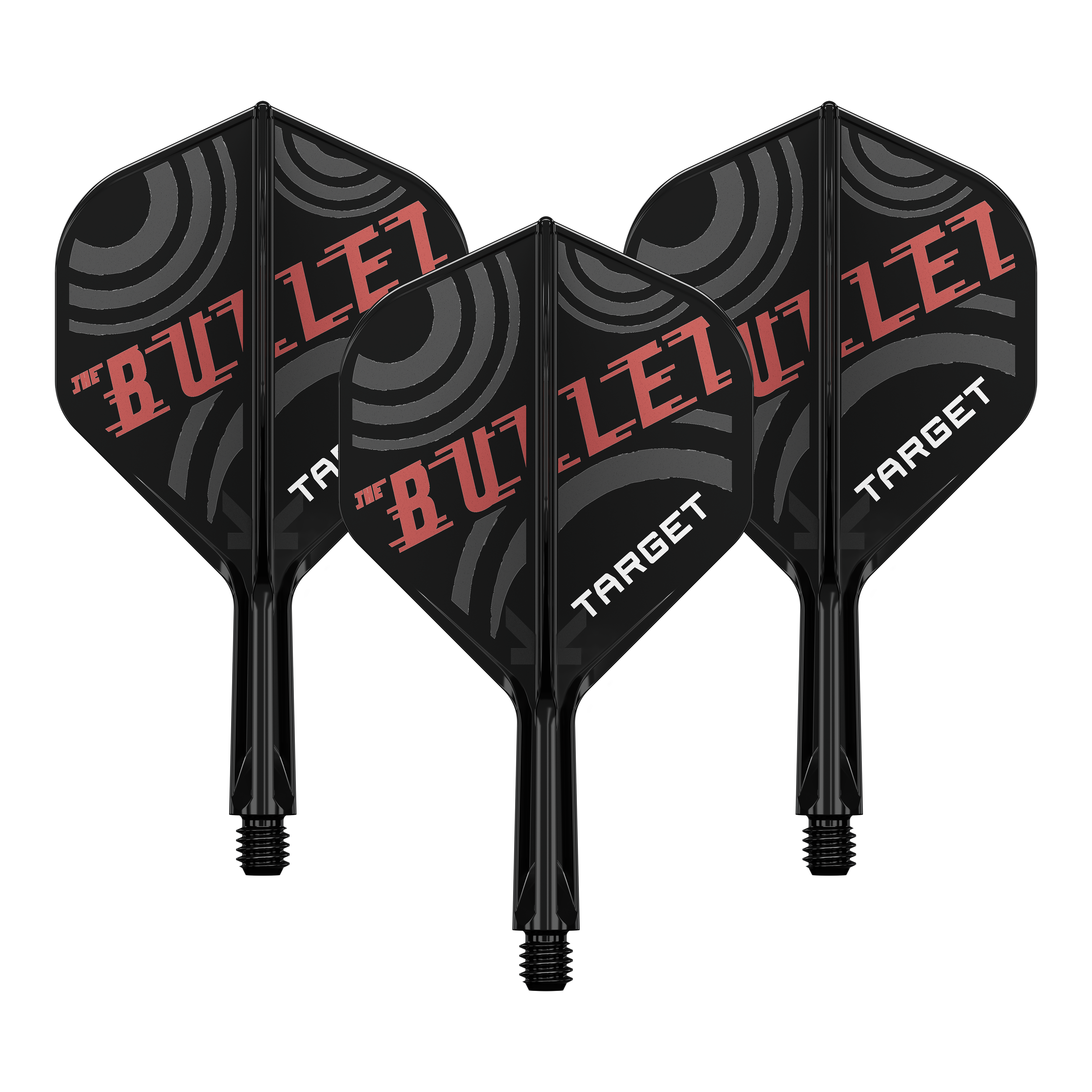 Target K-Flex Stephen Bunting No2 Standard Flight Shaft System Bild zeigt ein Dart-Flight Set mit der Bezeichnung 'Target K-Flex Stephen Bunting No2 Standard Flights 19mm 1Set'. Es ist ein Zubehör für Dartscheiben und Spieler.
