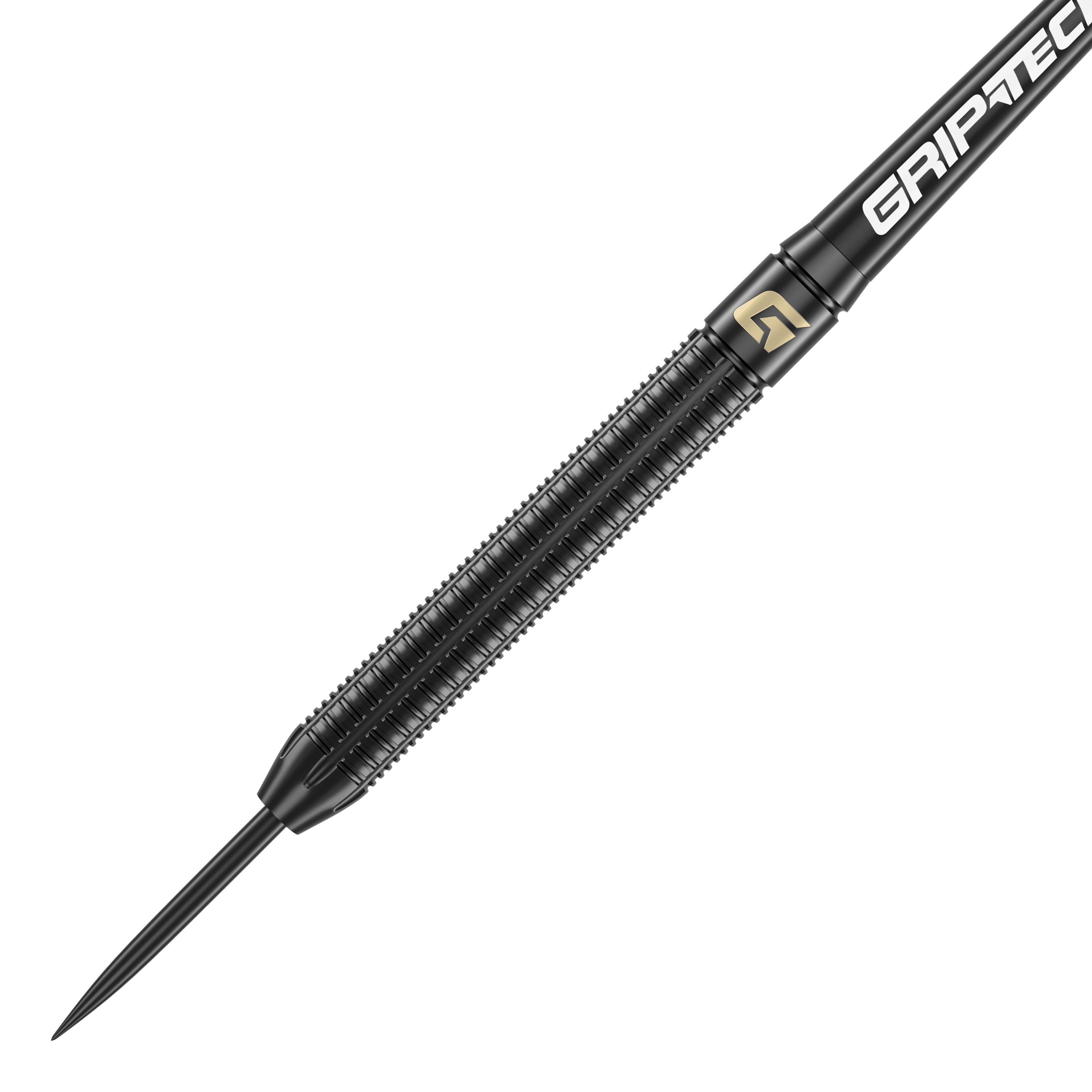 GOAT Athlete Black Brass Steeldarts - 13g Das Bild zeigt einen schwarzen Steeldart mit dem Namen "GOAT Athlete Black Brass Steeldarts - 13g". Der Dart hat eine geriffelte Oberfläche für besseren Halt und trägt den Schriftzug "GRIP-TEC".